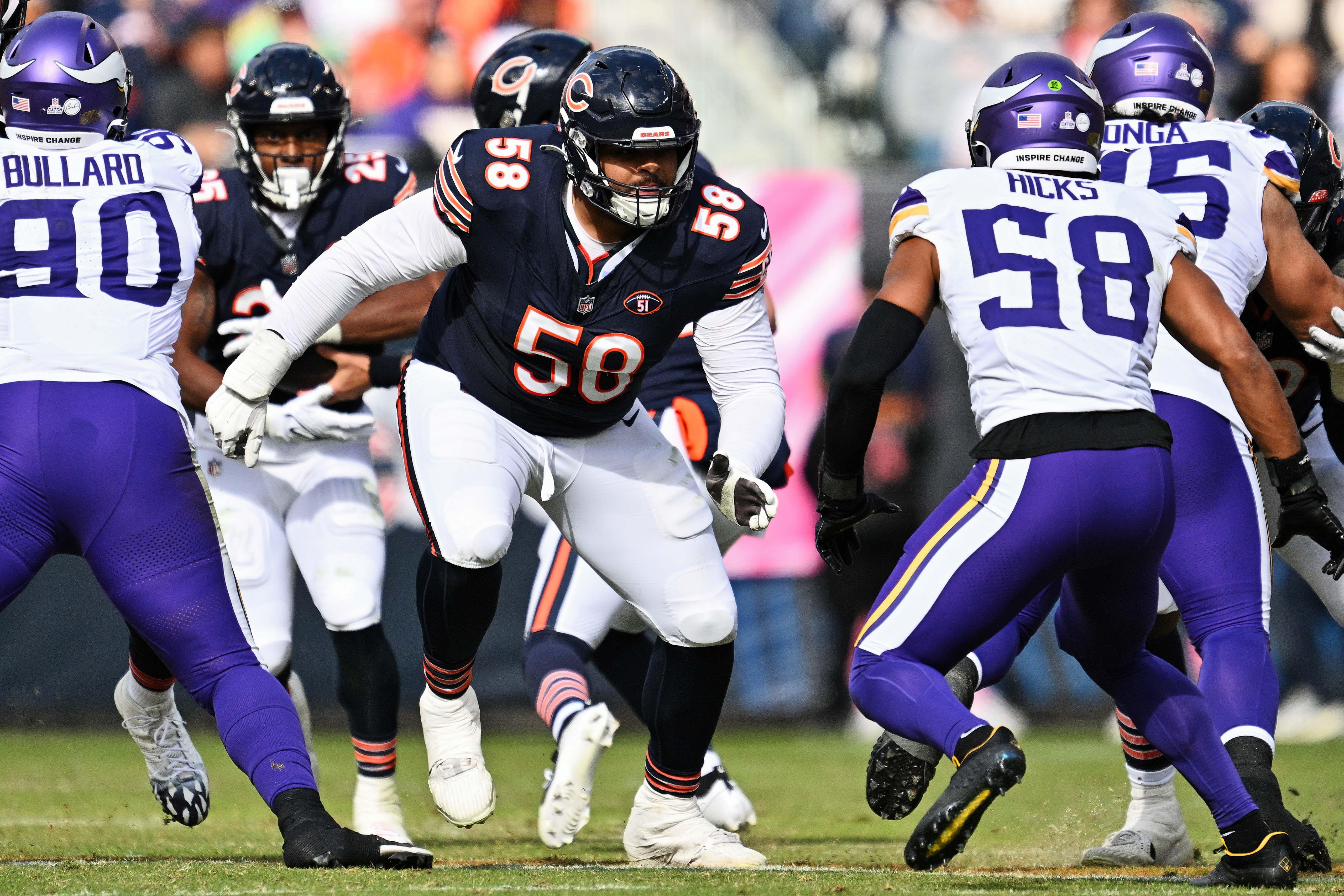 Oct 15, 2023; Chicago, Illinois, USA; Chicago Bears offensive lineman Darnell Wright (58) blocks against the Minnesota Vikings at Soldier Field.