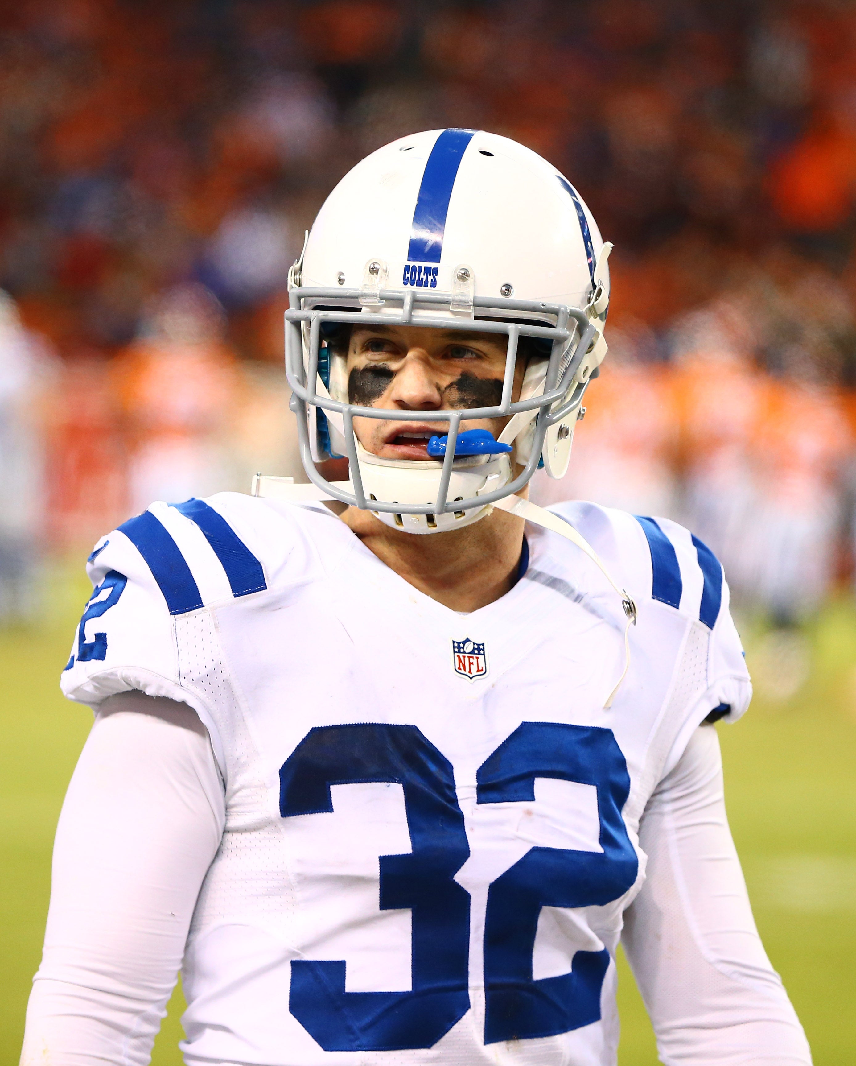 Jan 11, 2015; Denver, CO, USA; Indianapolis Colts safety Colt Anderson (32) against the Denver Broncos in the 2014 AFC Divisional playoff football game at Sports Authority Field at Mile High. The Colts defeated the Broncos 24-13.