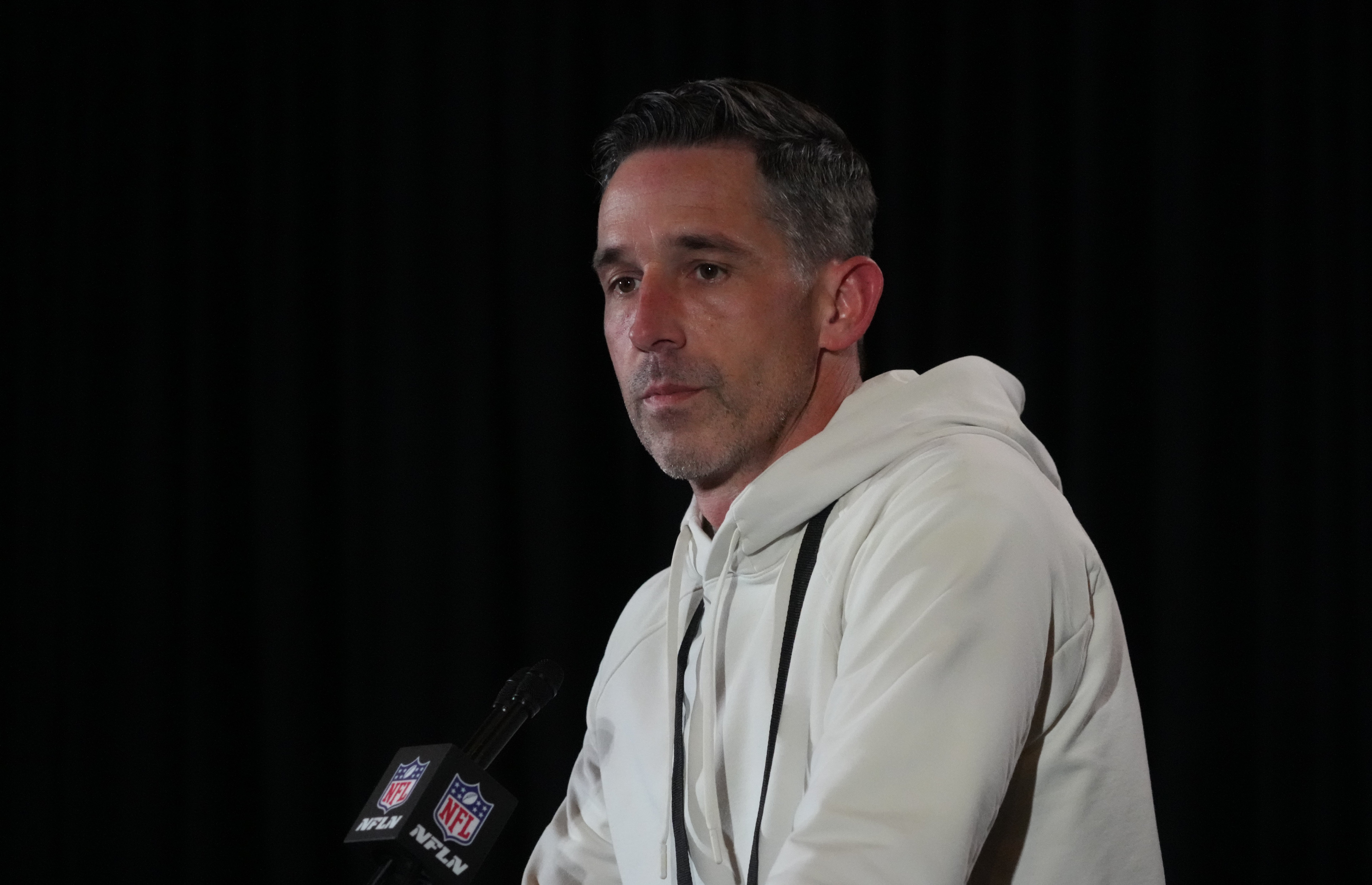 Feb 6, 2024; Las Vegas, NV, USA; San Francisco 49ers head coach Kyle Shanahan speaks during a press conference before Super Bowl LVIII at the Hilton Lake Las Vegas Resort.