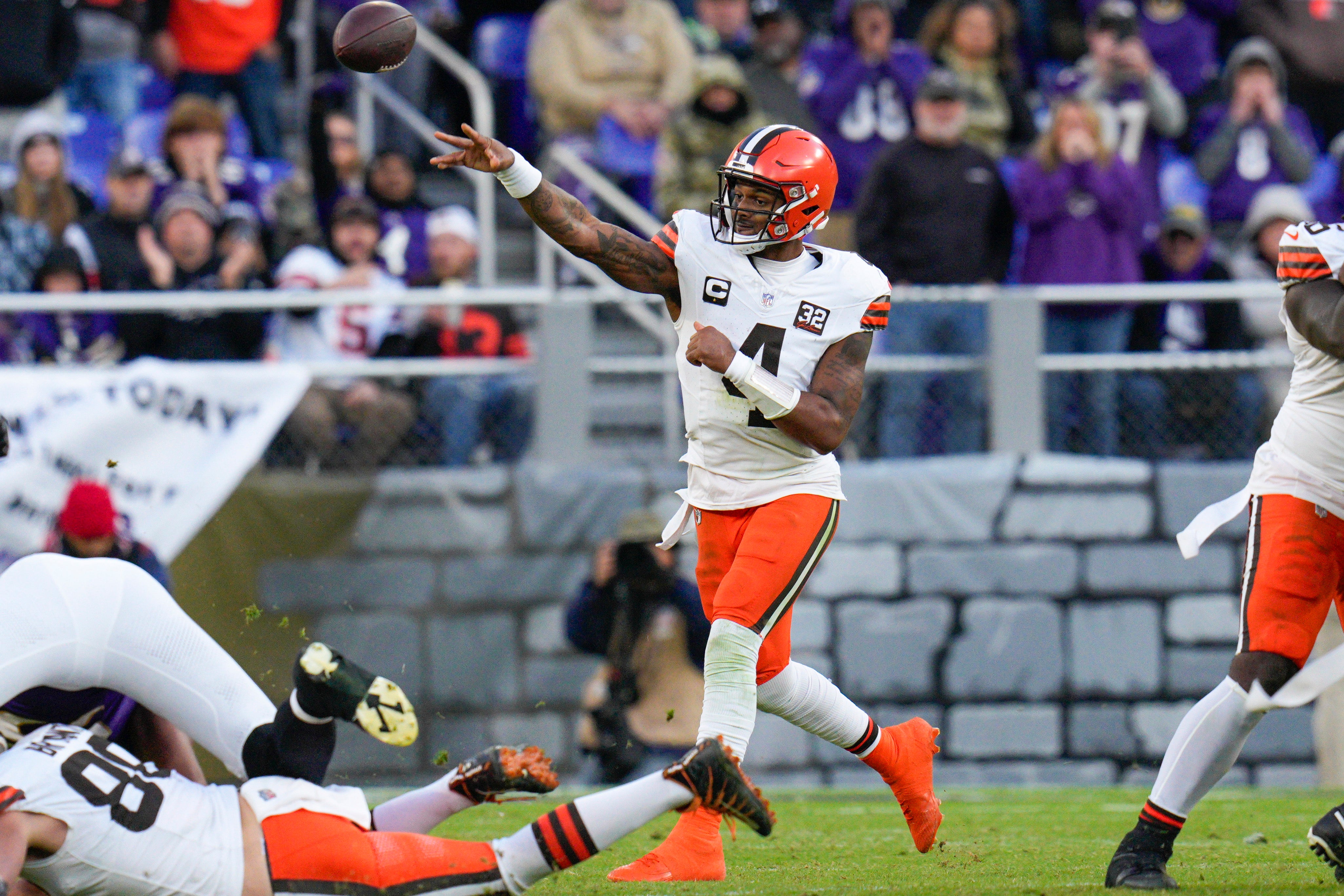 Nov 12, 2023; Baltimore, Maryland, USA; Cleveland Browns quarterback Deshaun Watson (4) passes against the Baltimore Ravens during the second half at M&T Bank Stadium. Mandatory Credit: Jessica Rapfogel-USA TODAY Sports