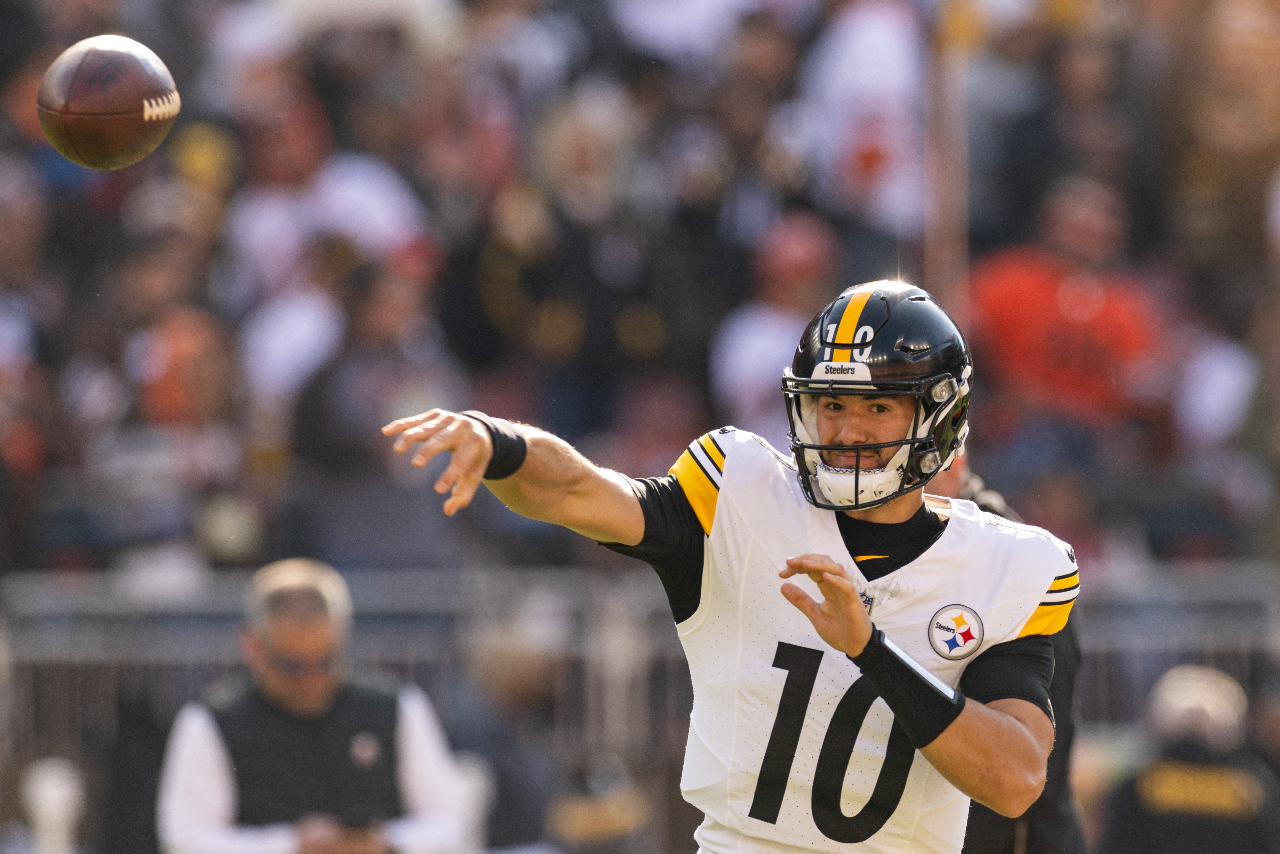 Nov 19, 2023; Cleveland, Ohio, USA; Pittsburgh Steelers quarterback Mitch Trubisky (10) throws the ball during warm ups before the game against the Cleveland Browns at Cleveland Browns Stadium. Mandatory Credit: Scott Galvin-USA TODAY Sports