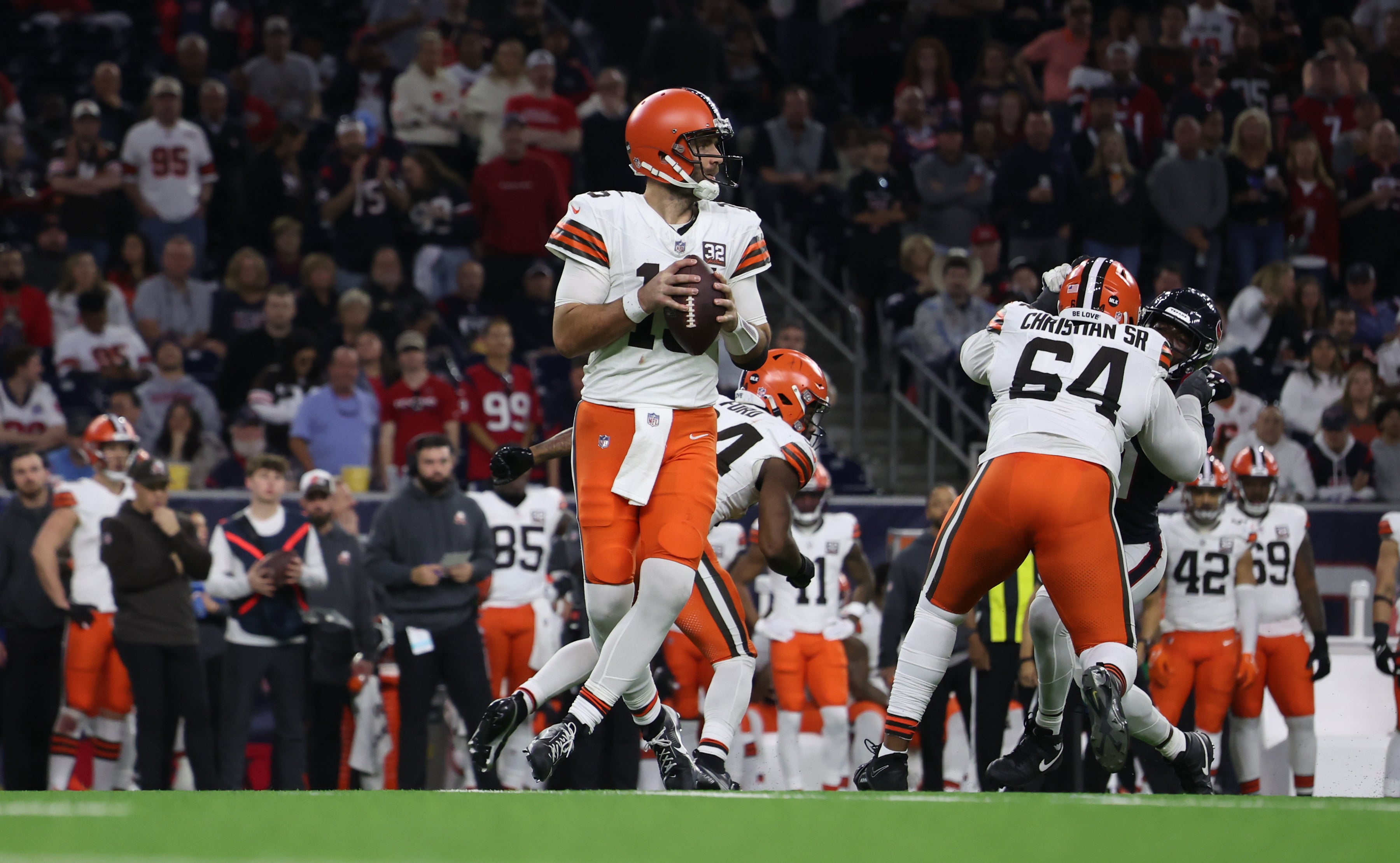 Jan 13, 2024; Houston, Texas, USA;Cleveland Browns quarterback Joe Flacco (15) against the Houston Texans in a 2024 AFC wild card game at NRG Stadium. Mandatory Credit: Thomas Shea-USA TODAY Sports