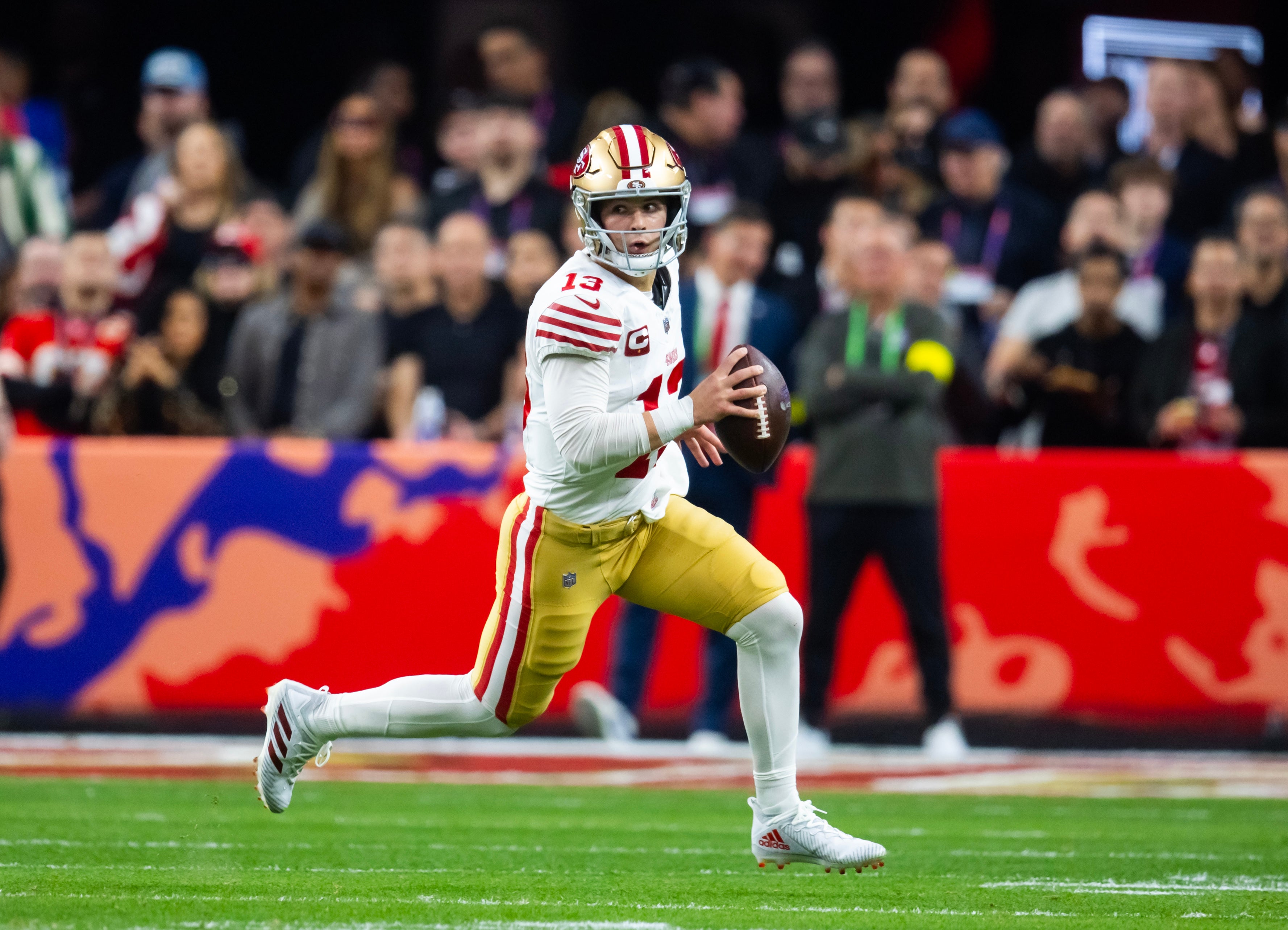 Feb 11, 2024; Paradise, Nevada, USA; San Francisco 49ers quarterback Brock Purdy (13) against the Kansas City Chiefs in Super Bowl LVIII at Allegiant Stadium.