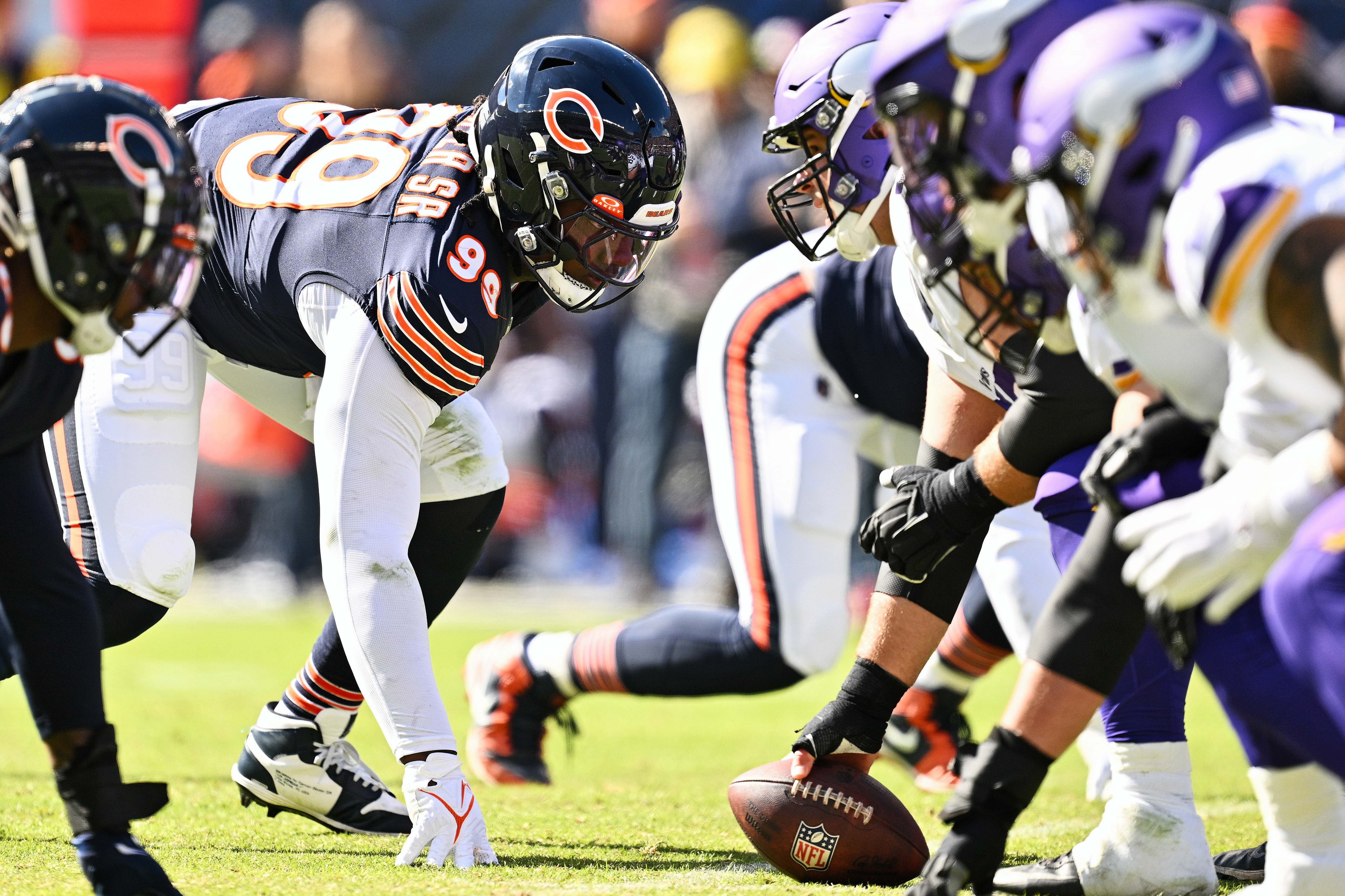 Oct 15, 2023; Chicago, Illinois, USA; Chicago Bears defensive lineman Gervon Dexter Sr. (99) lines up on defense against the Minnesota Vikings at Soldier Field.