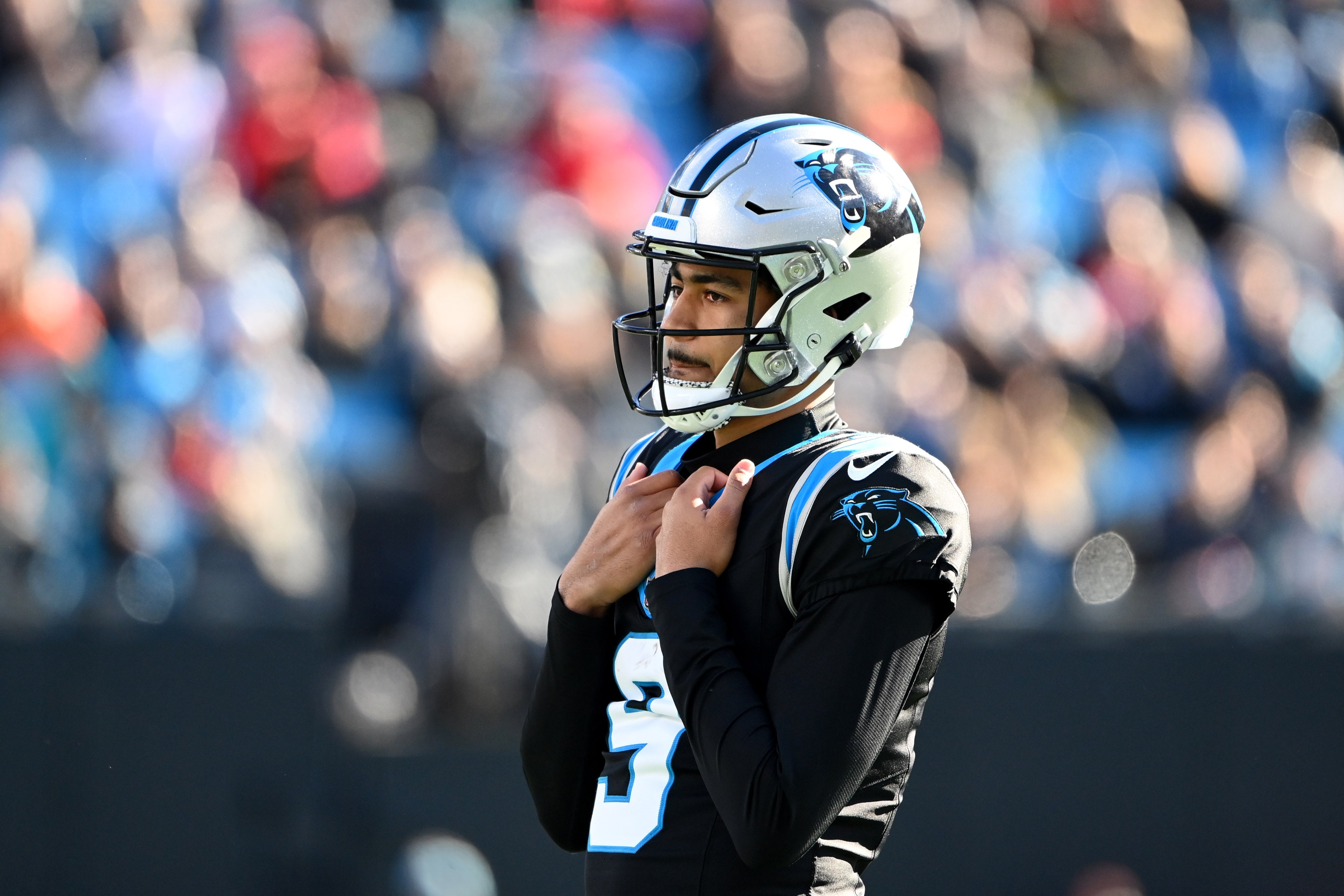 Jan 7, 2024; Charlotte, North Carolina, USA; Carolina Panthers quarterback Bryce Young (9) on the field in the second quarter at Bank of America Stadium.
