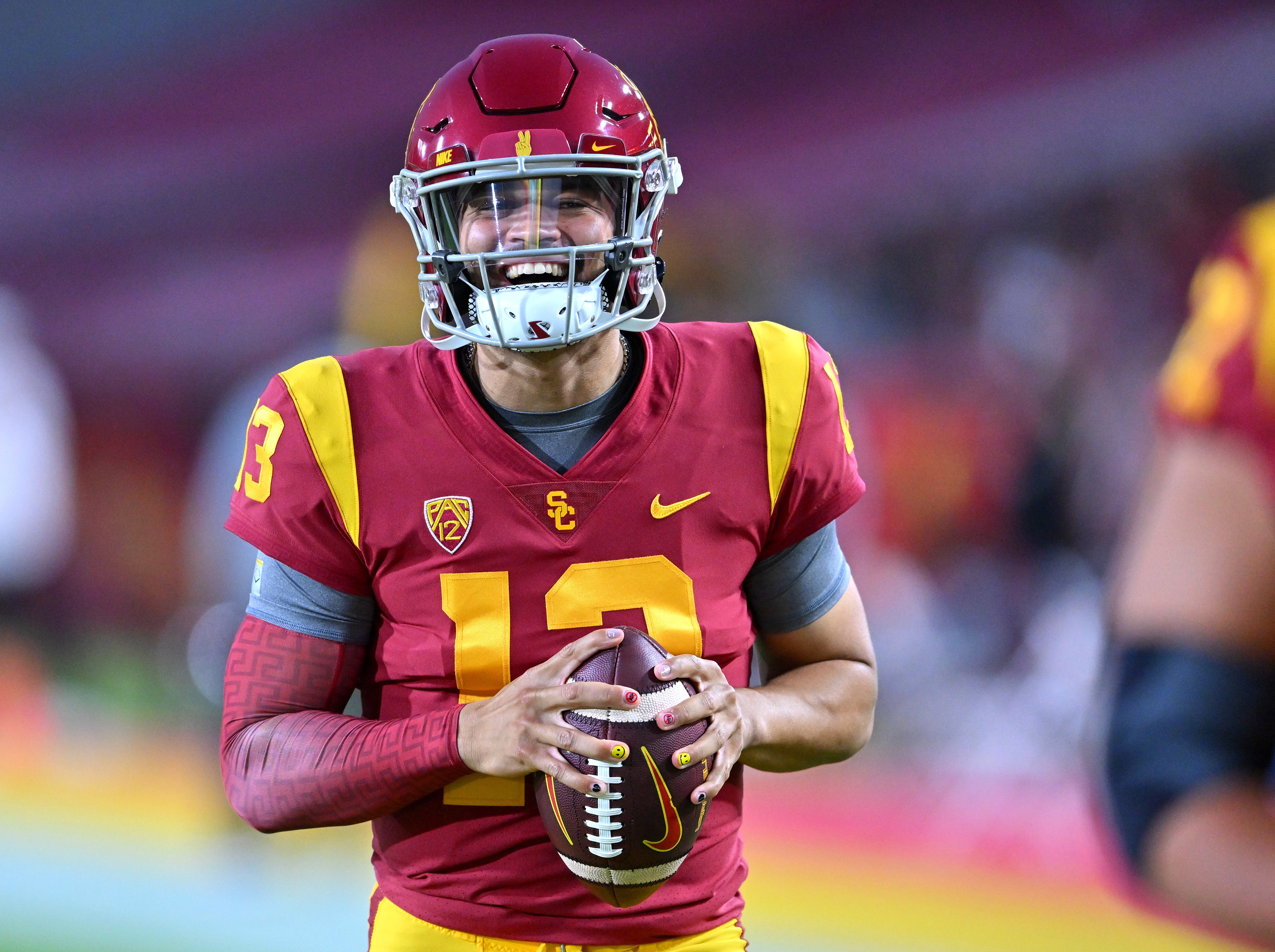 Oct 1, 2022; Los Angeles, California, USA; USC Trojans quarterback Caleb Williams (13) warms up before a game against the Arizona State Sun Devils at United Airlines Field at the Los Angeles Memorial Coliseum.