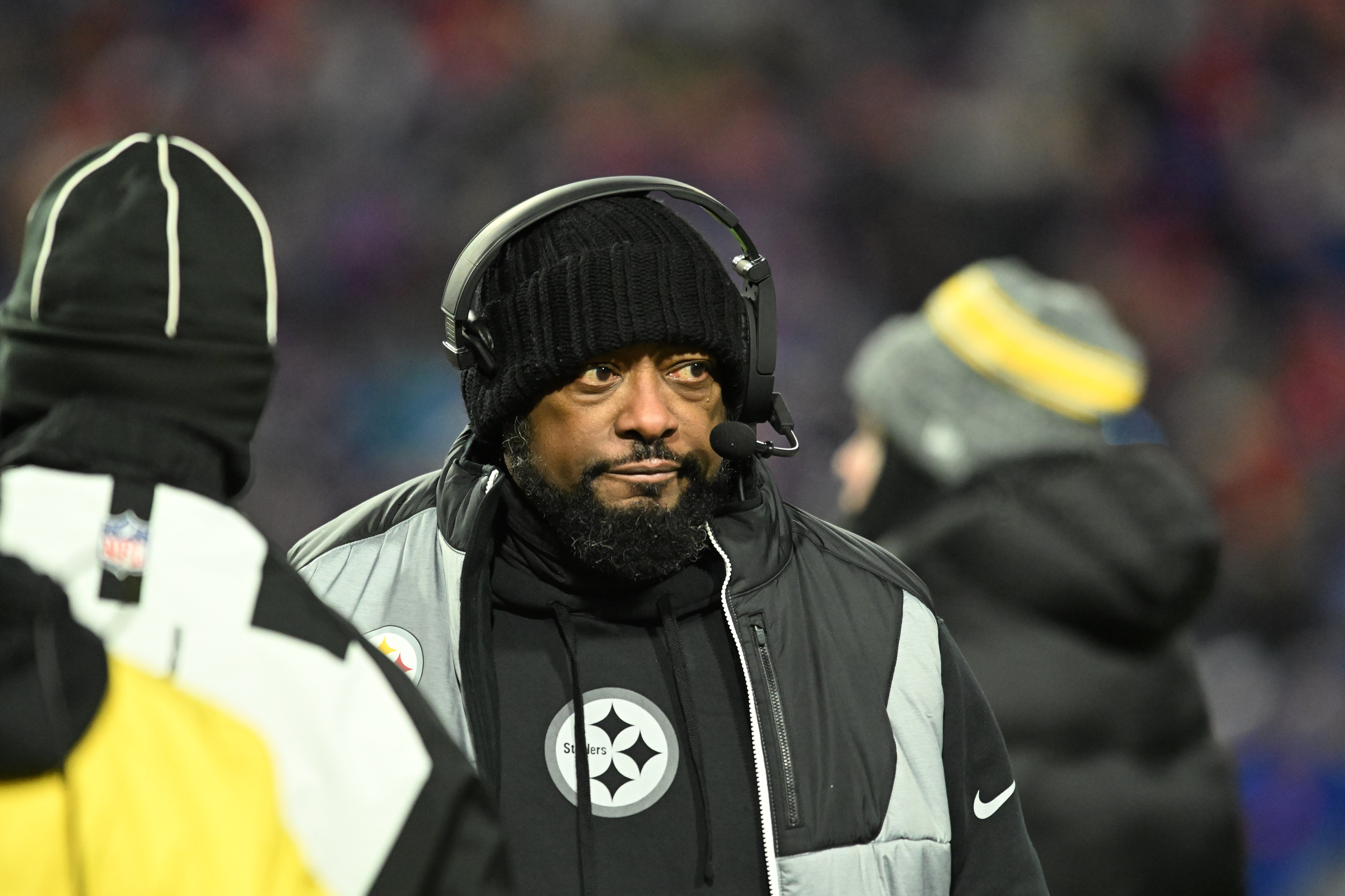 Jan 15, 2024; Orchard Park, New York, USA; Pittsburgh Steelers head coach Mike Tomlin reacts in the in the second half against the Buffalo Bills in a 2024 AFC wild card game at Highmark Stadium.