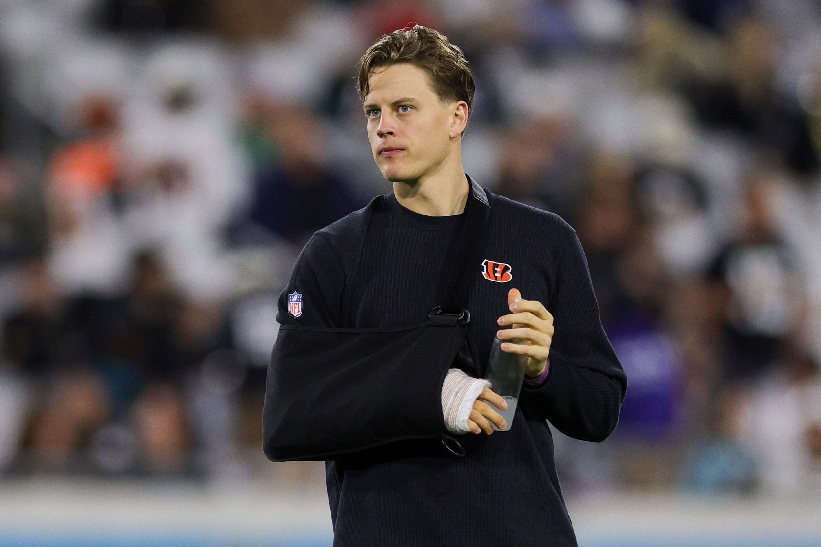 Dec 4, 2023; Jacksonville, Florida, USA; Cincinnati Bengals quarterback Joe Burrow (9) looks on from the field before a game against the Jacksonville Jaguars at EverBank Stadium.
