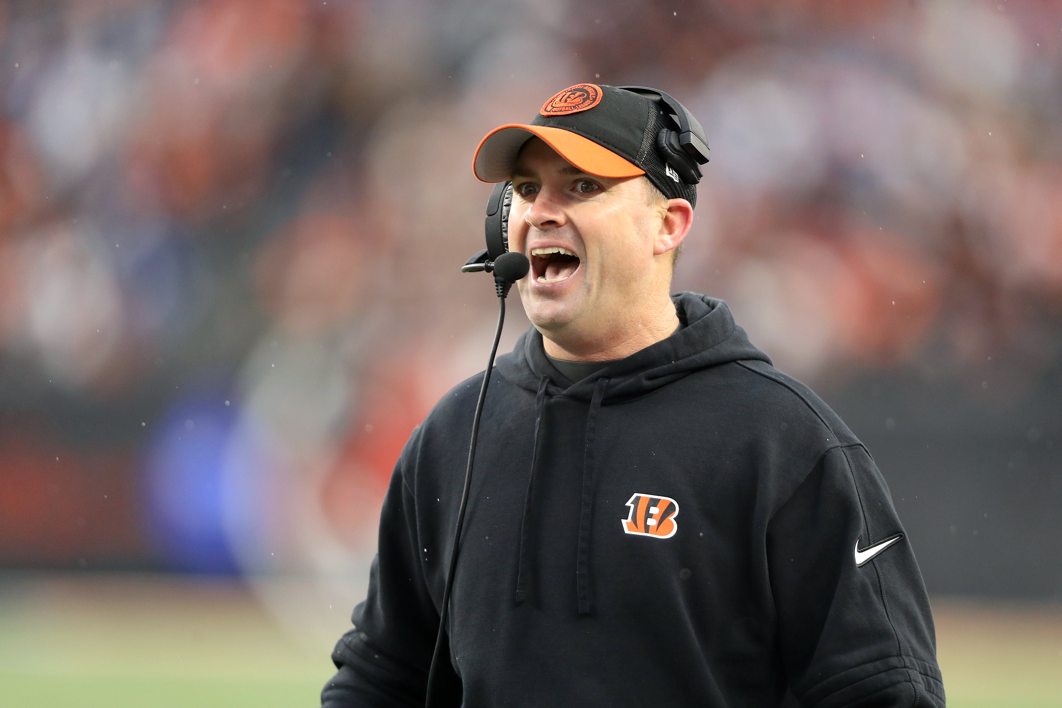 Dec 10, 2023; Cincinnati, Ohio, USA; Cincinnati Bengals head coach Zac Taylor reacts to an overturned touchdown during the second half against the Indianapolis Colts at Paycor Stadium.