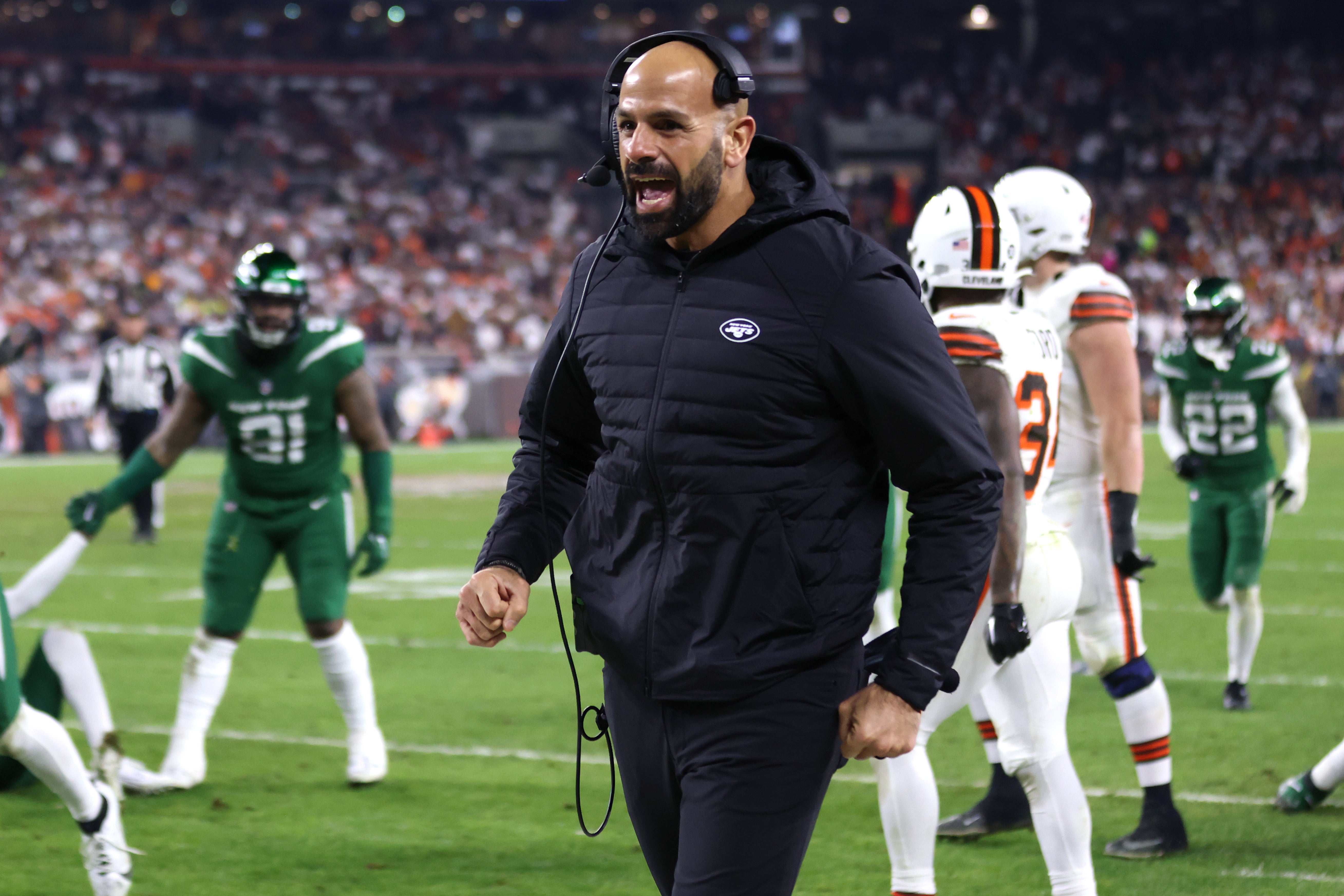 Dec 28, 2023; Cleveland, Ohio, USA; New York Jets head coach Robert Saleh reacts during the second half against the Cleveland Browns at Cleveland Browns Stadium.