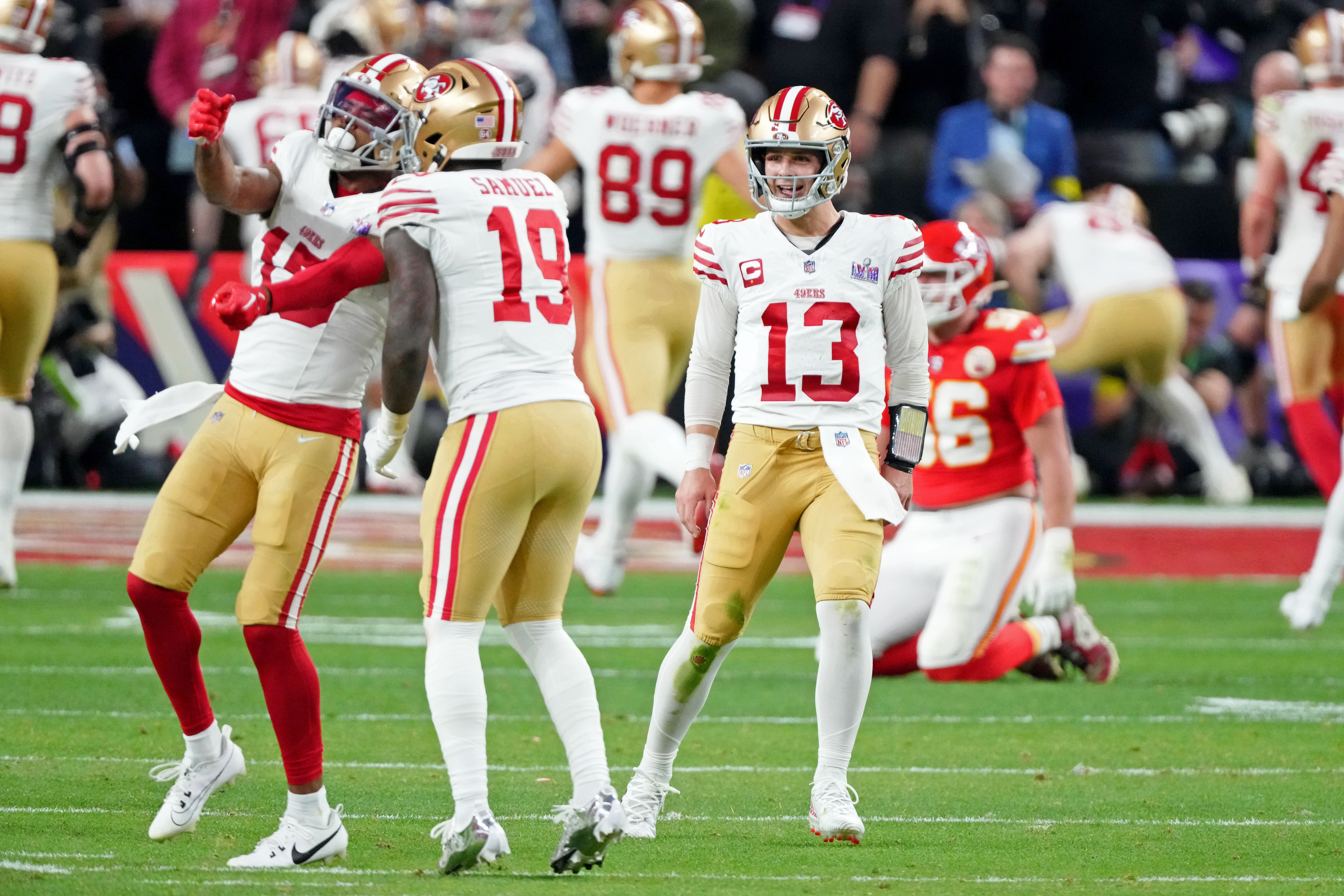 Feb 11, 2024; Paradise, Nevada, USA; San Francisco 49ers quarterback Brock Purdy (13) reacts after a touchdown against the Kansas City Chiefs during the second quarter of Super Bowl LVIII at Allegiant Stadium.