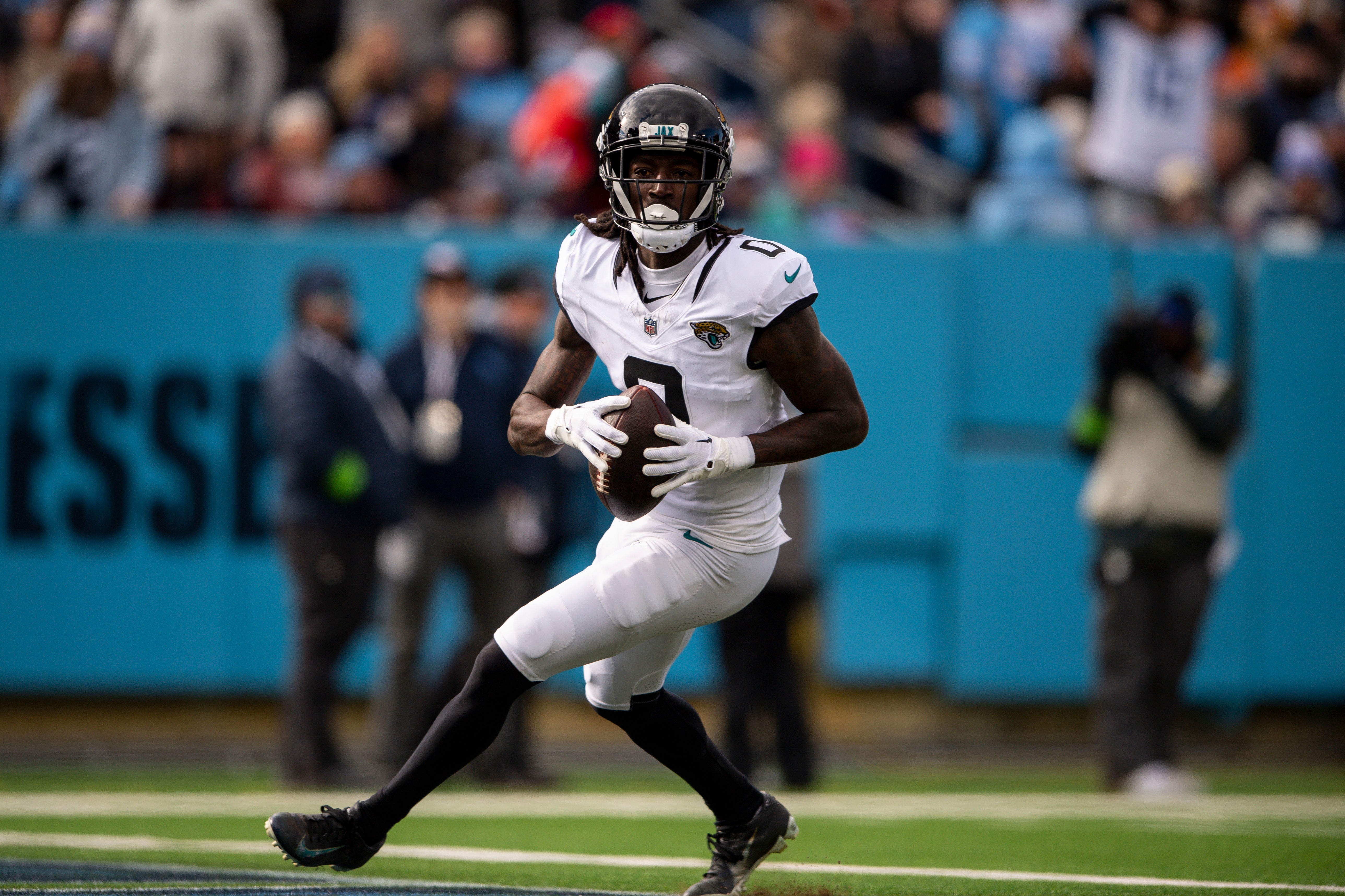 Jacksonville Jaguars wide receiver Calvin Ridley (0) celebrates after scoring a touchdown against the Tennessee Titans