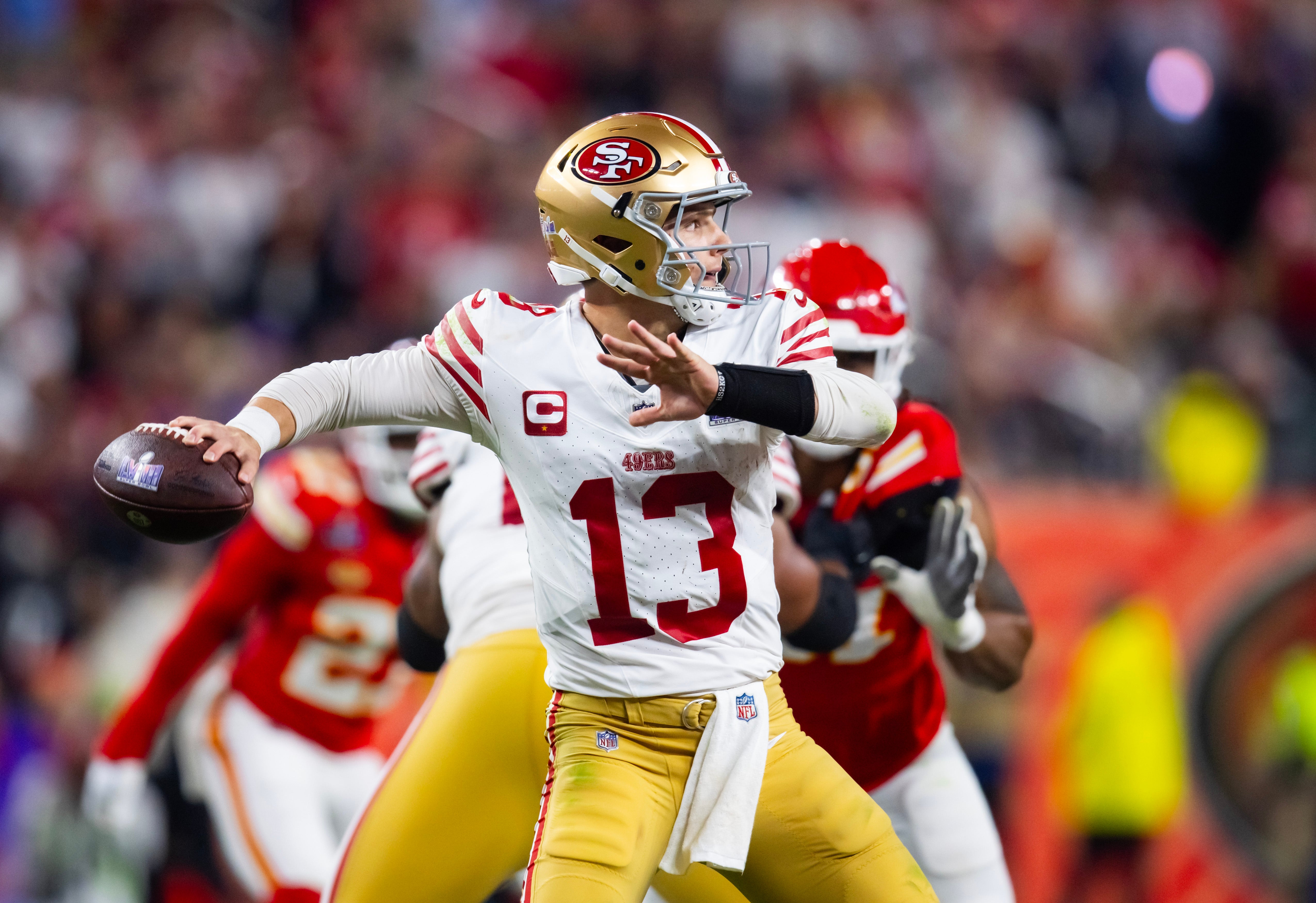 Feb 11, 2024; Paradise, Nevada, USA; San Francisco 49ers quarterback Brock Purdy (13) throws a pass against the Kansas City Chiefs in the second half in Super Bowl LVIII at Allegiant Stadium.