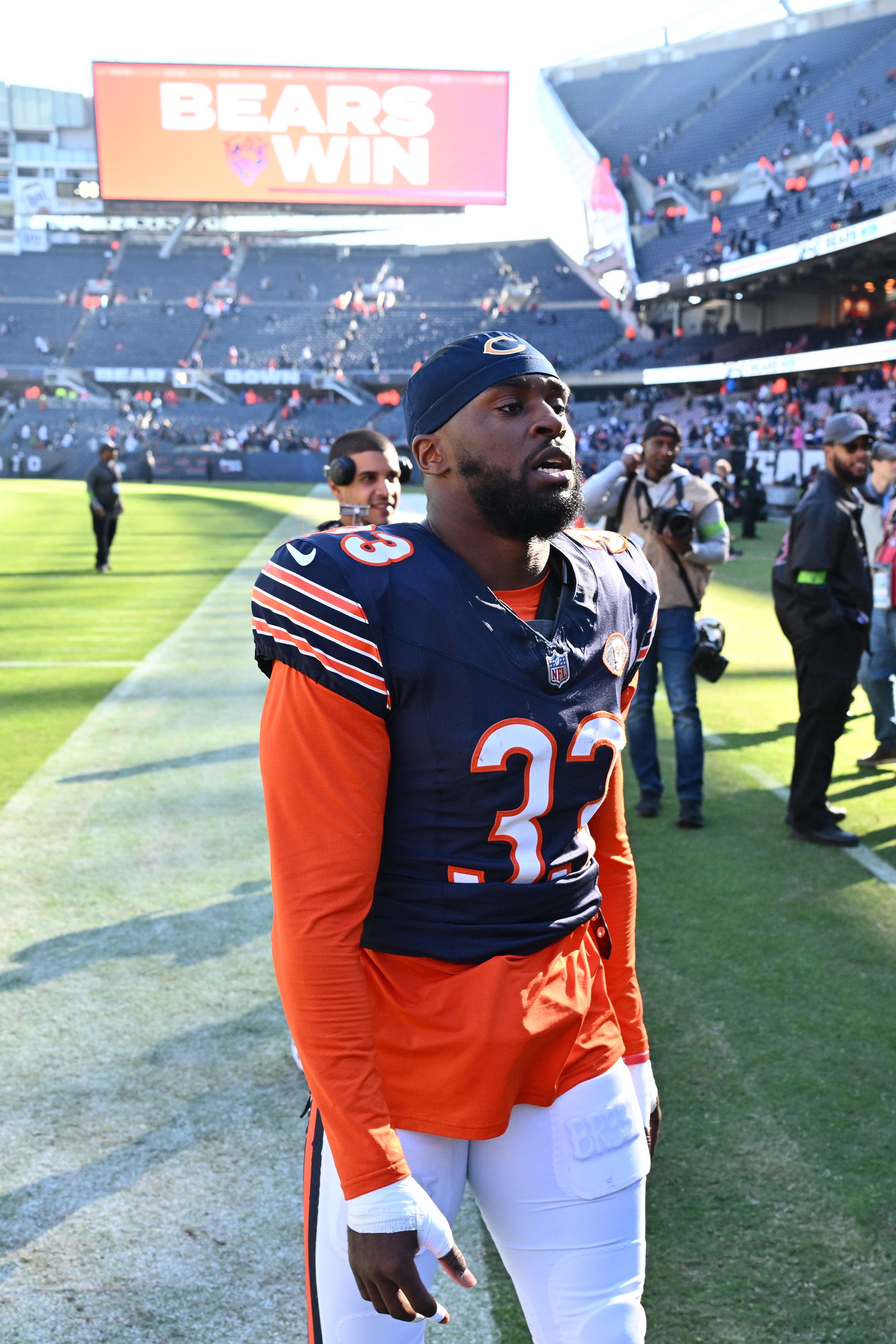 Oct 22, 2023; Chicago, Illinois, USA; Chicago Bears defensive back Jaylon Johnson (33) leaves the field after a win over the Las Vegas Raiders at Soldier Field.