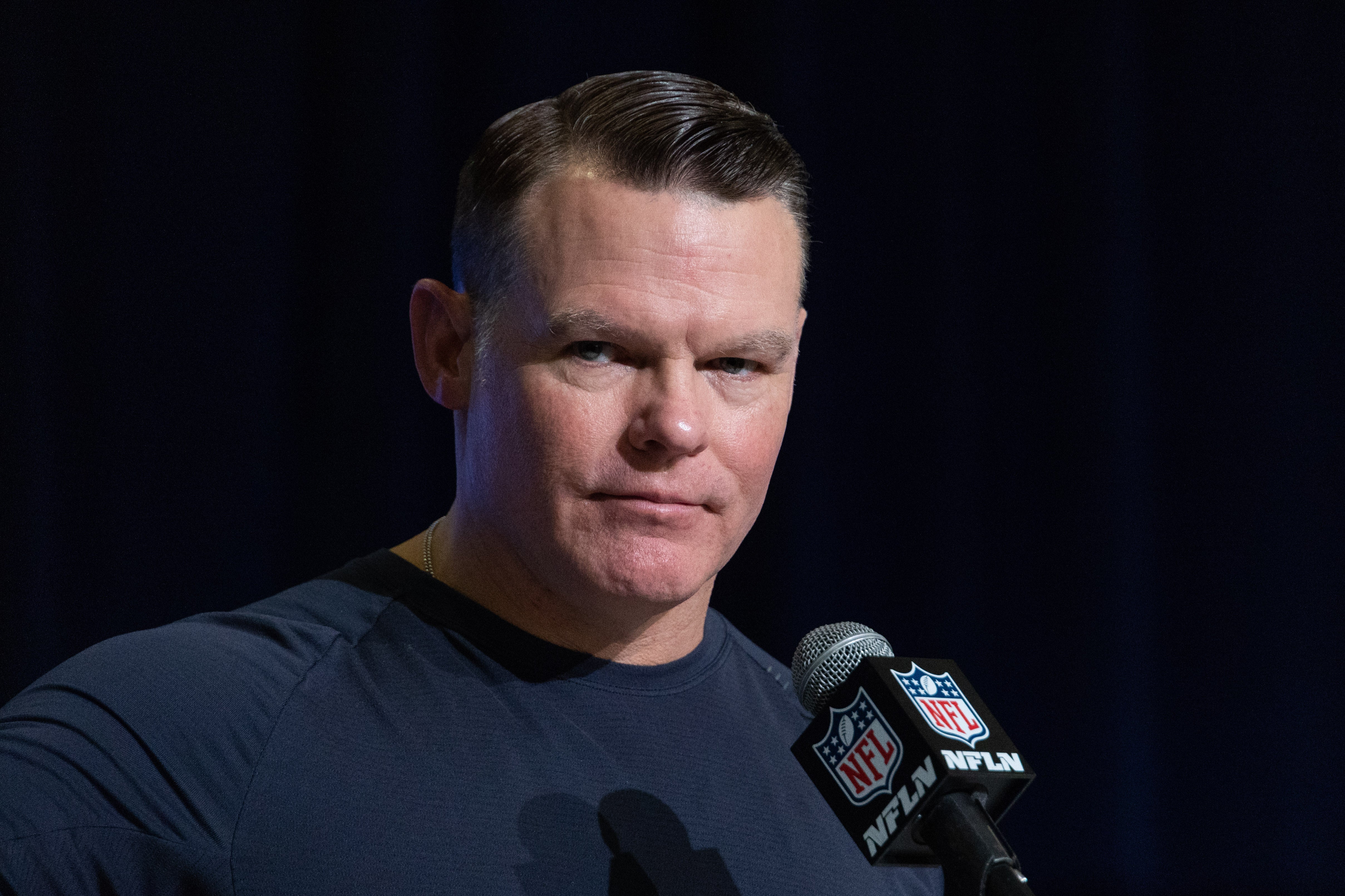 Mar 1, 2023; Indianapolis, IN, USA; Indianapolis Colts general manager Chris Ballard speaks to the press at the NFL Combine at Lucas Oil Stadium.