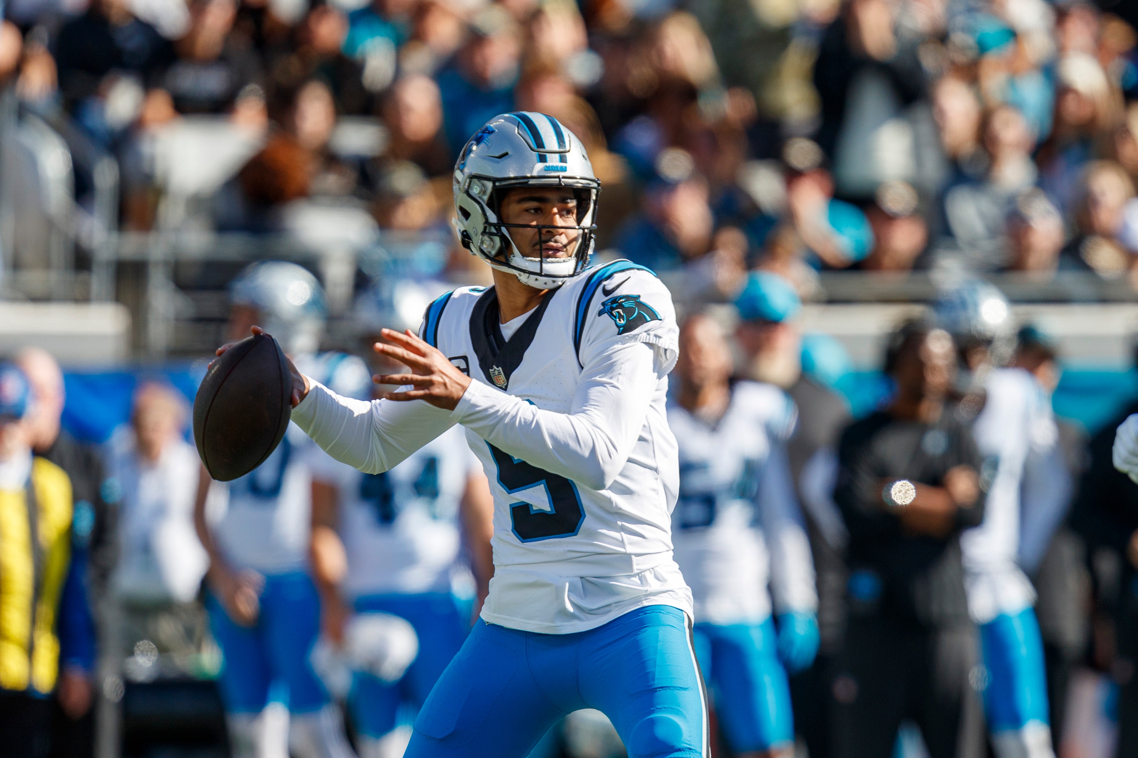 Dec 31, 2023; Jacksonville, Florida, USA; Carolina Panthers quarterback Bryce Young (9) throws a pass against the Jacksonville Jaguars during the first quarter at EverBank Stadium. Mandatory Credit: Morgan Tencza-USA TODAY Sports