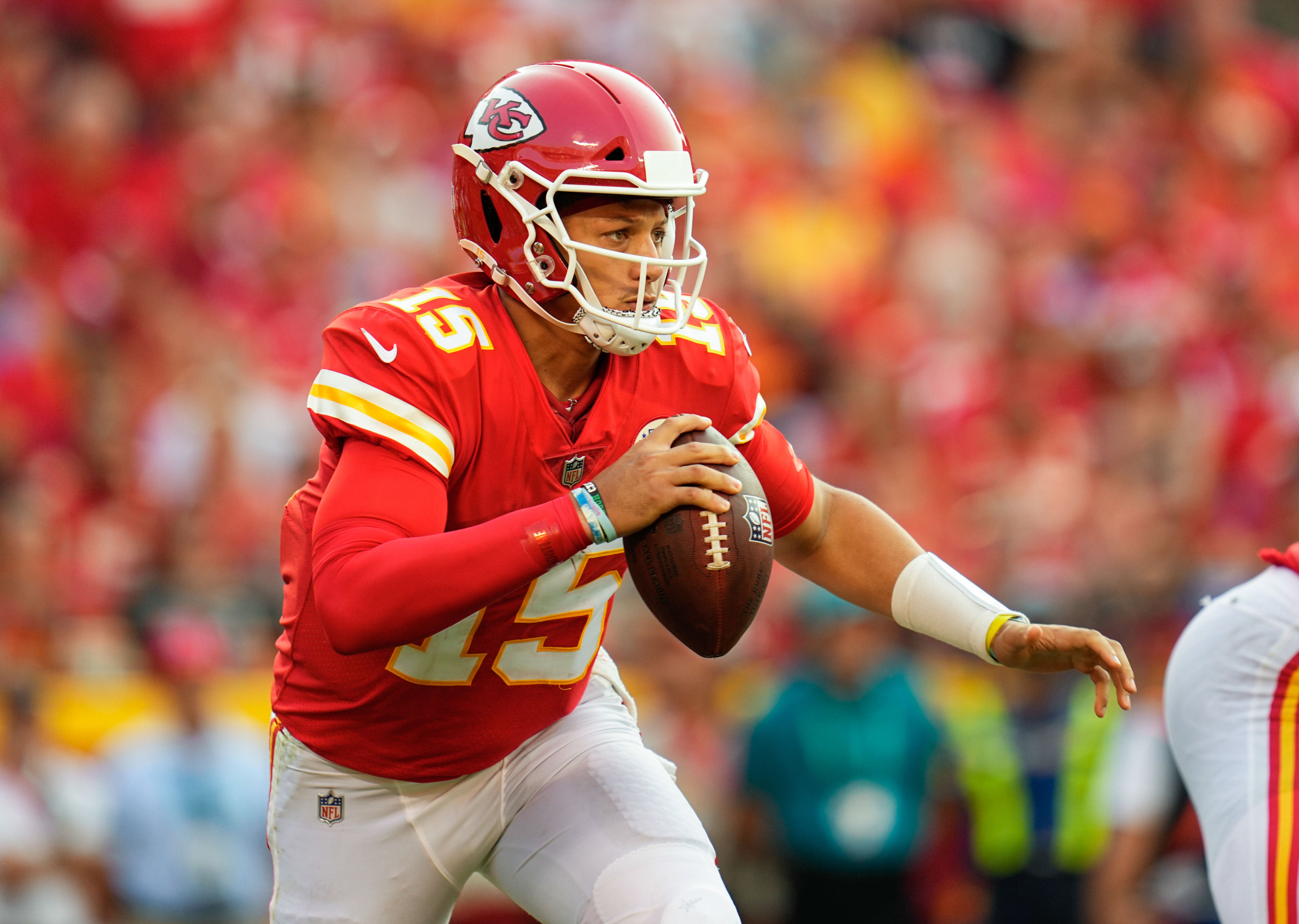 Sep 12, 2021; Kansas City, Missouri, USA; Kansas City Chiefs quarterback Patrick Mahomes (15) against the Cleveland Browns during the second half at GEHA Field at Arrowhead Stadium. Mandatory Credit: Jay Biggerstaff-USA TODAY Sports