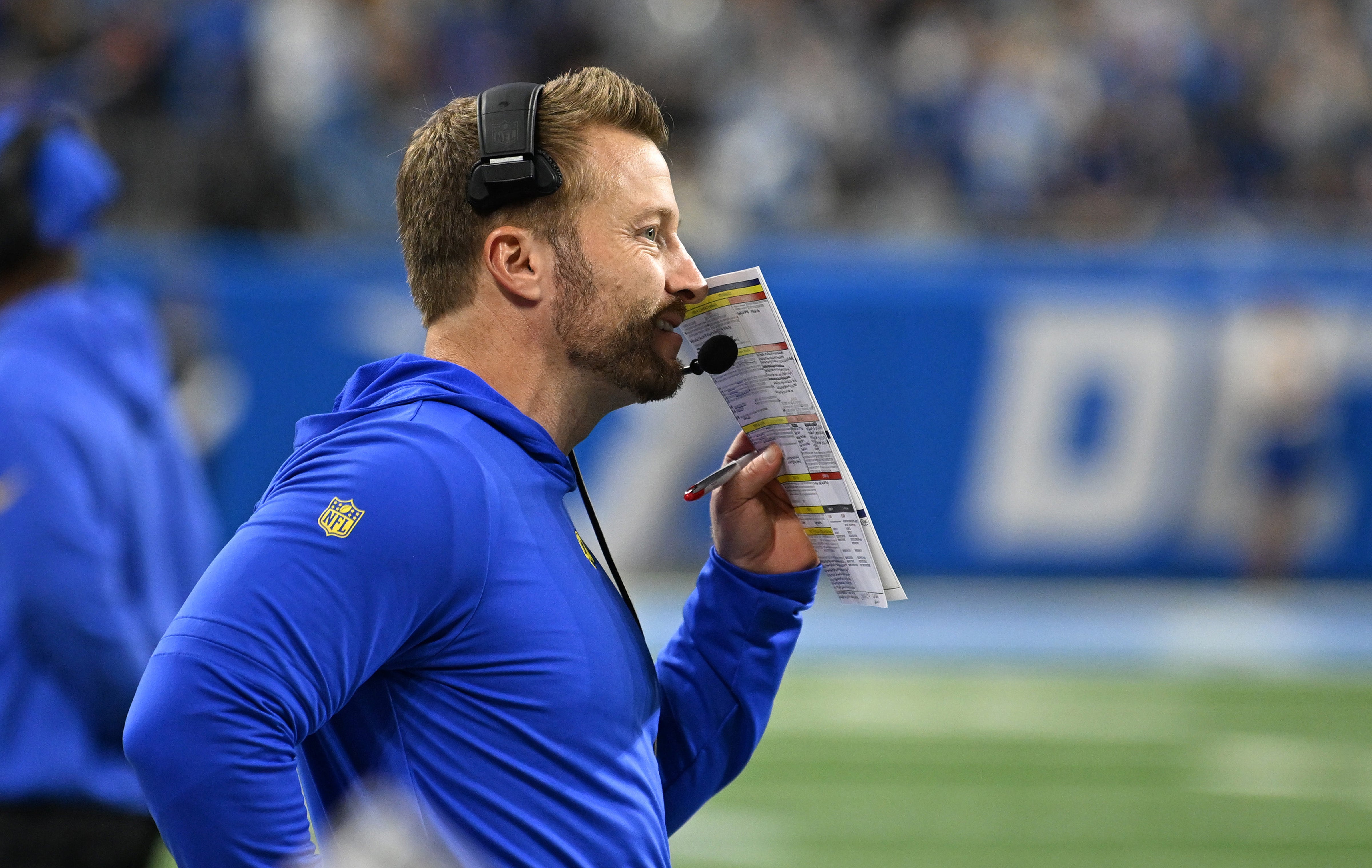 Jan 14, 2024; Detroit, Michigan, USA; Los Angeles Rams head coach Sean McVay during the second half of a 2024 NFC wild card game against the Detroit Lions at Ford Field.