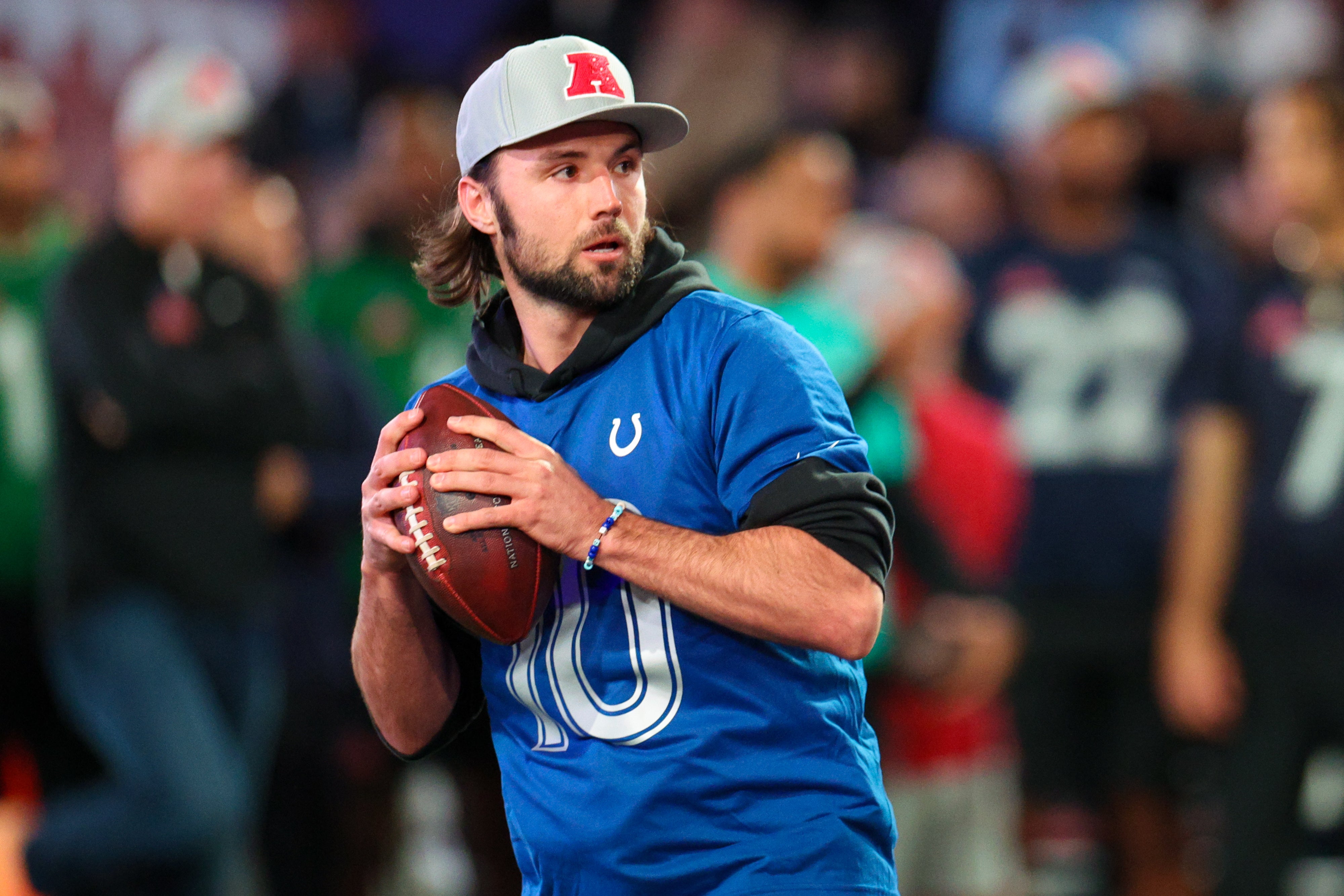 Feb 1, 2024; Orlando, FL, USA; Indianapolis Colts quarterback Gardner Minshew (10) participates in the NFL Pro Bowl Skills Competition at the UCF Nicholson Fieldhouse.