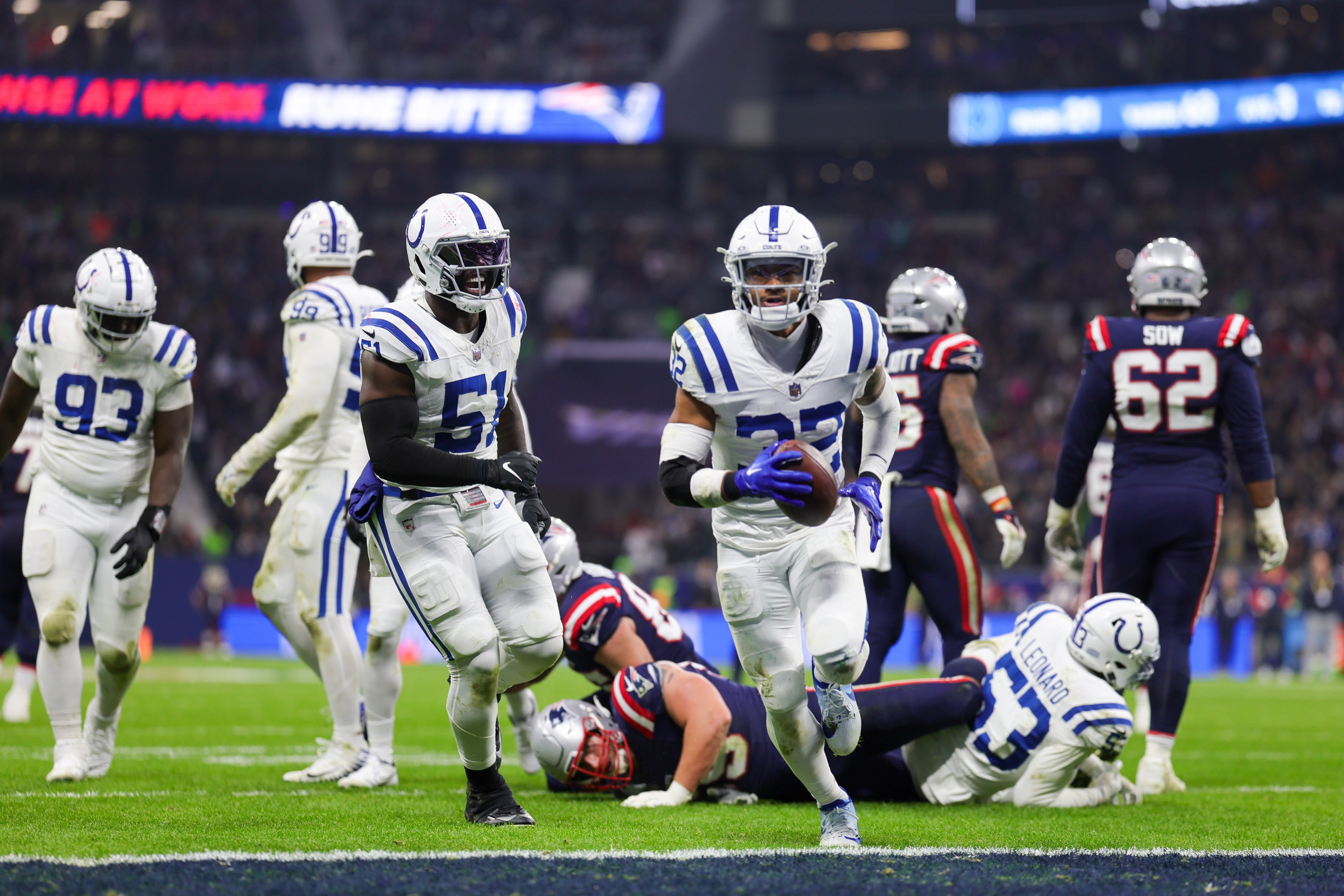 Nov 12, 2023; Frankfurt, Germany; Indianapolis Colts safety Julian Blackmon (32) reacts after intercepting the ball against the New England Patriots in the fourth quarter during an International Series game at Deutsche Bank Park.