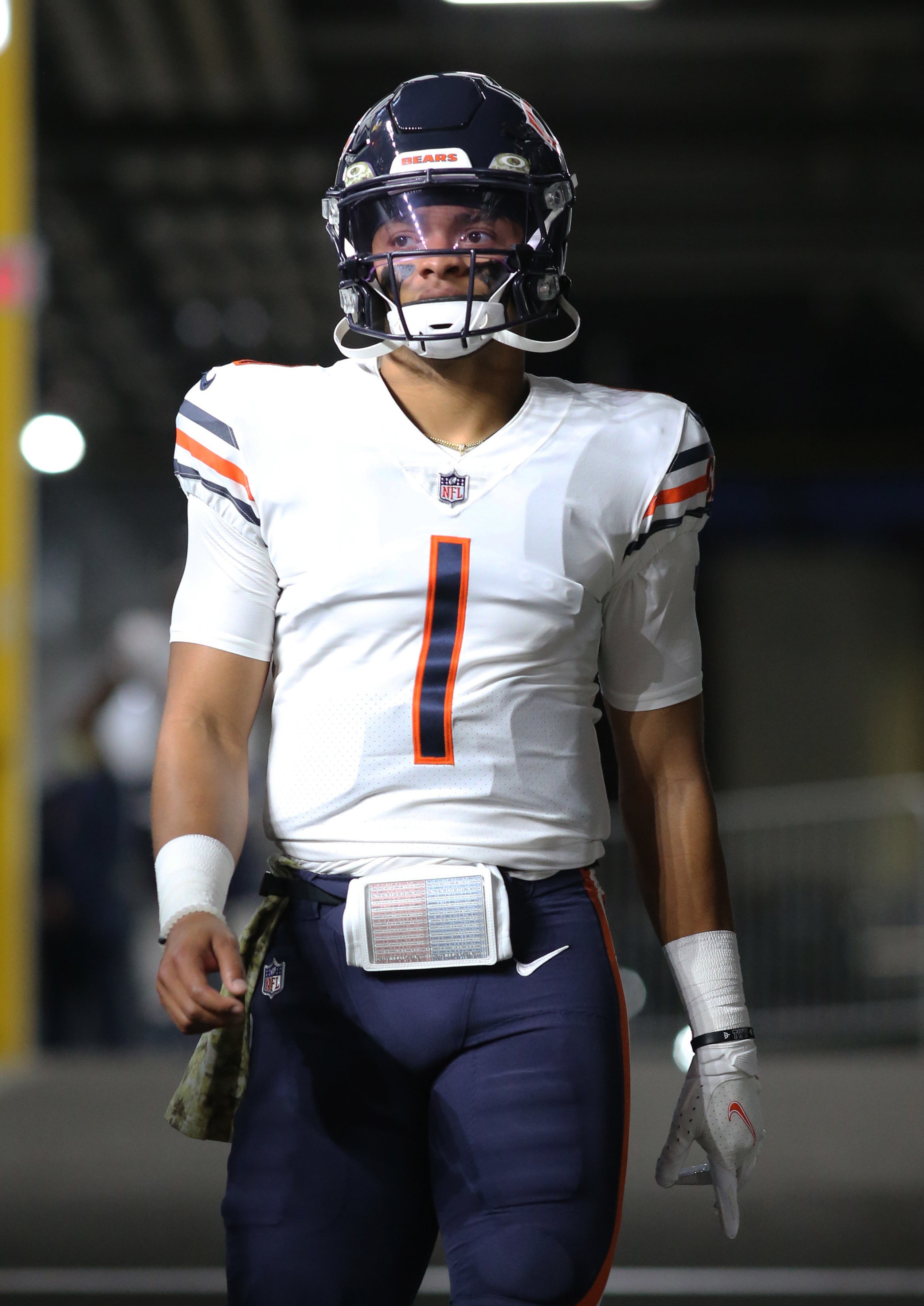 Nov 8, 2021; Pittsburgh, Pennsylvania, USA; Chicago Bears quarterback Justin Fields (1) walks down the players tunnel to take the field to play the Pittsburgh Steelers at Heinz Field.