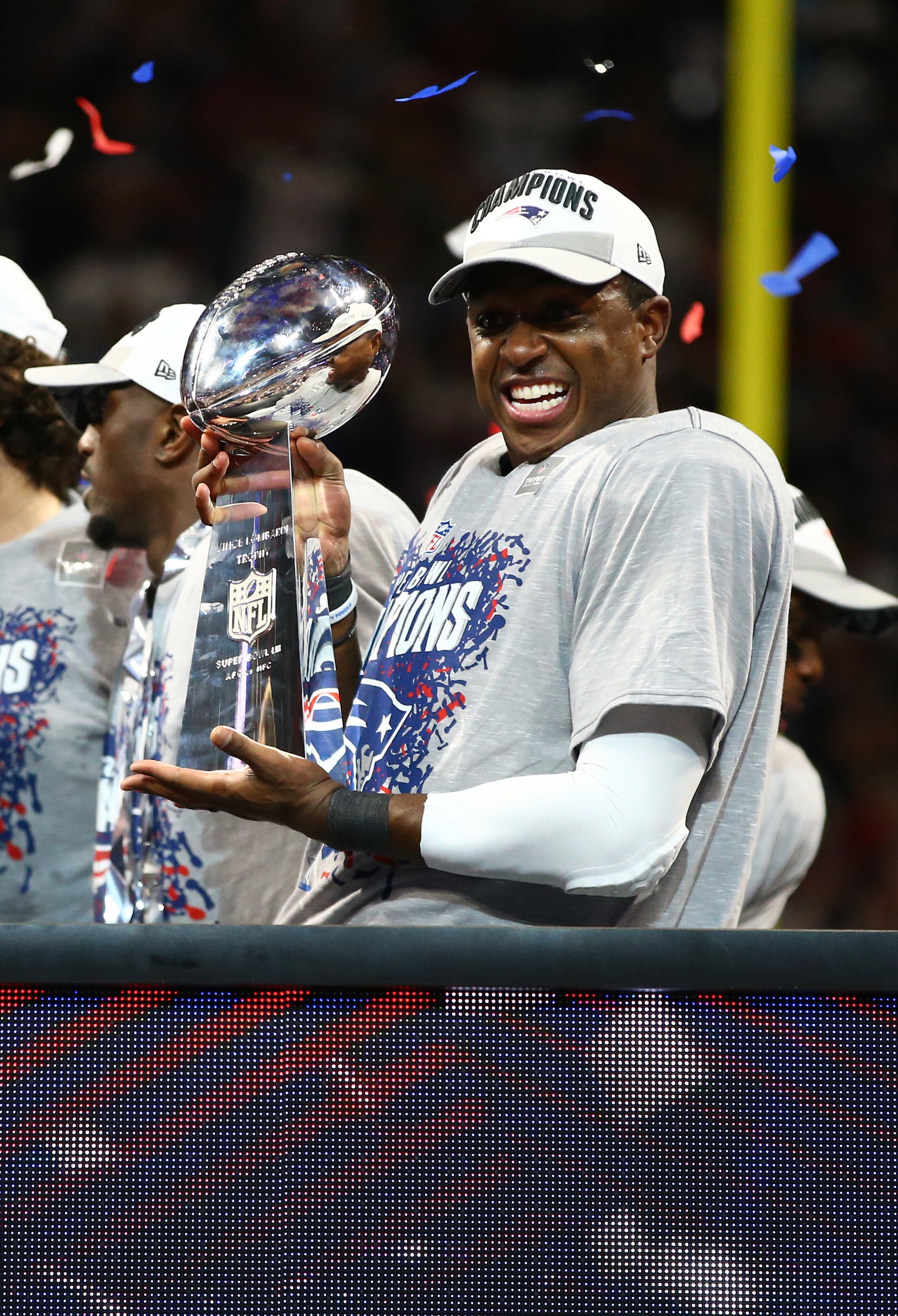 Feb 3, 2019; Atlanta, GA, USA; New England Patriots wide receiver Matthew Slater celebrates with the Vince Lombardi Trophy after defeating the Los Angeles Rams in Super Bowl LIII at Mercedes-Benz Stadium.