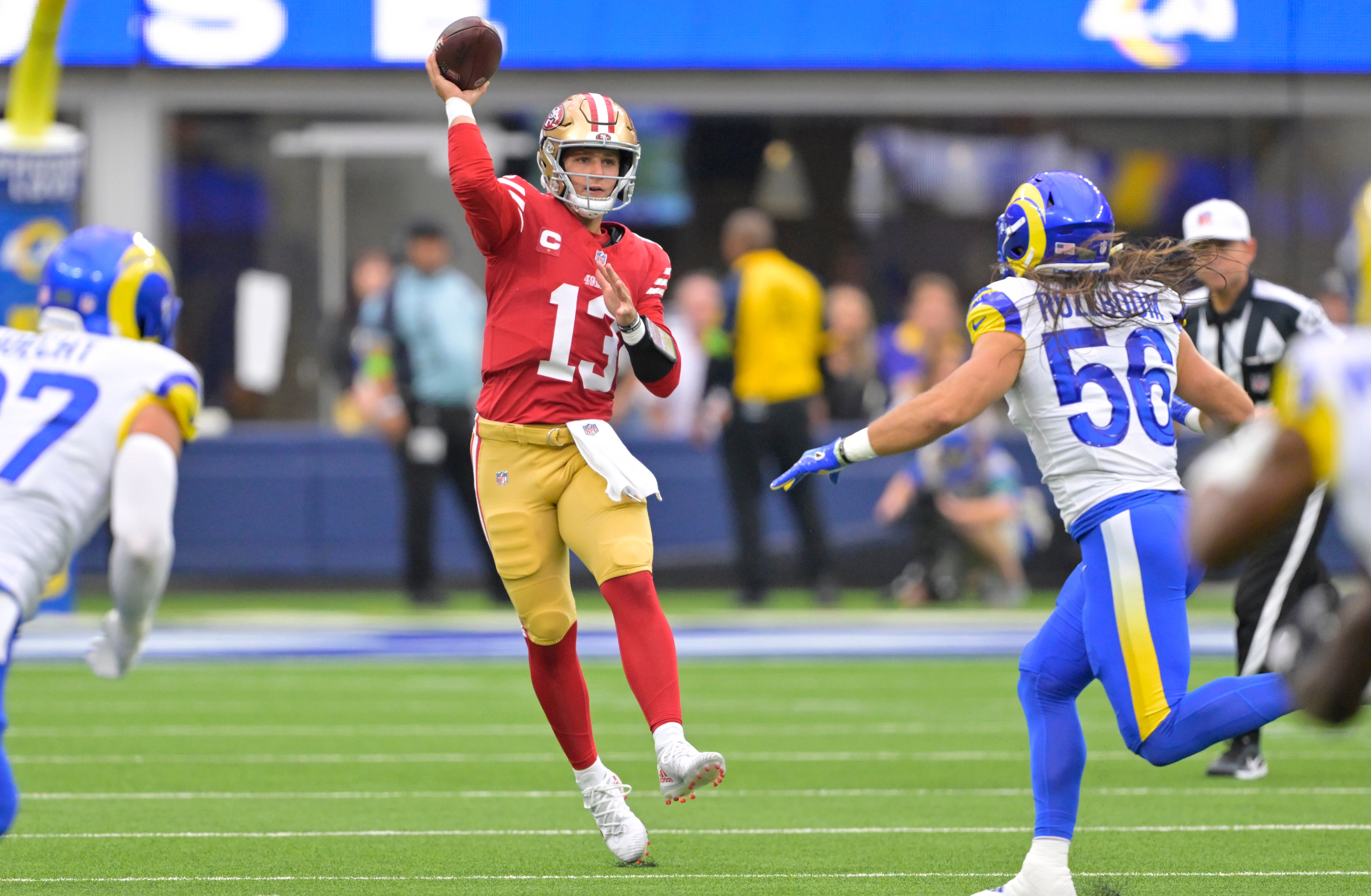 Sep 17, 2023; Inglewood, California, USA; San Francisco 49ers quarterback Brock Purdy (13) throws a pass in the first half against the Los Angeles Rams at SoFi Stadium.