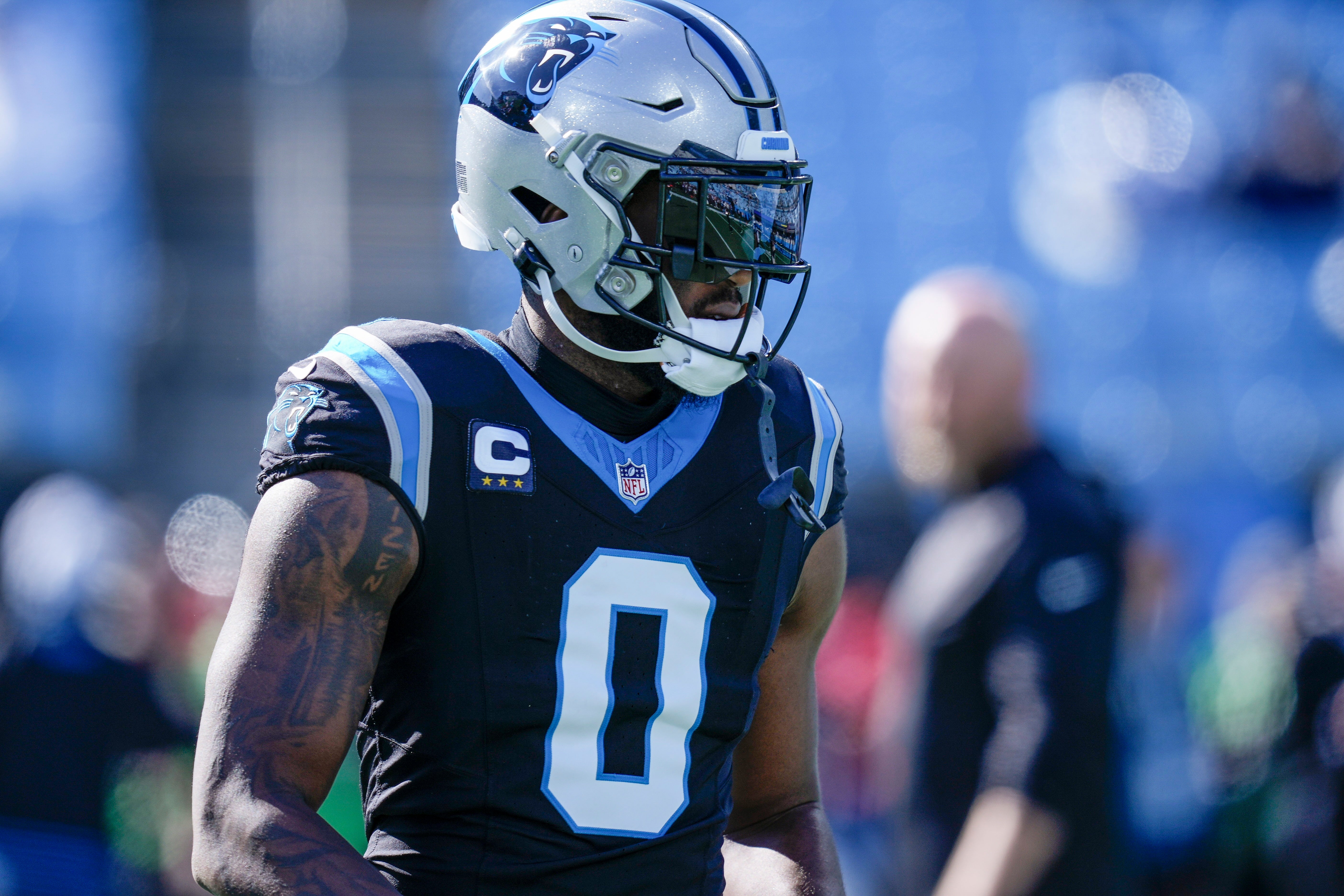 Nov 19, 2023; Charlotte, North Carolina, USA; Carolina Panthers linebacker Brian Burns (0) during pregame warm ups against the Dallas Cowboys at Bank of America Stadium. Mandatory Credit: Jim Dedmon-USA TODAY Sports