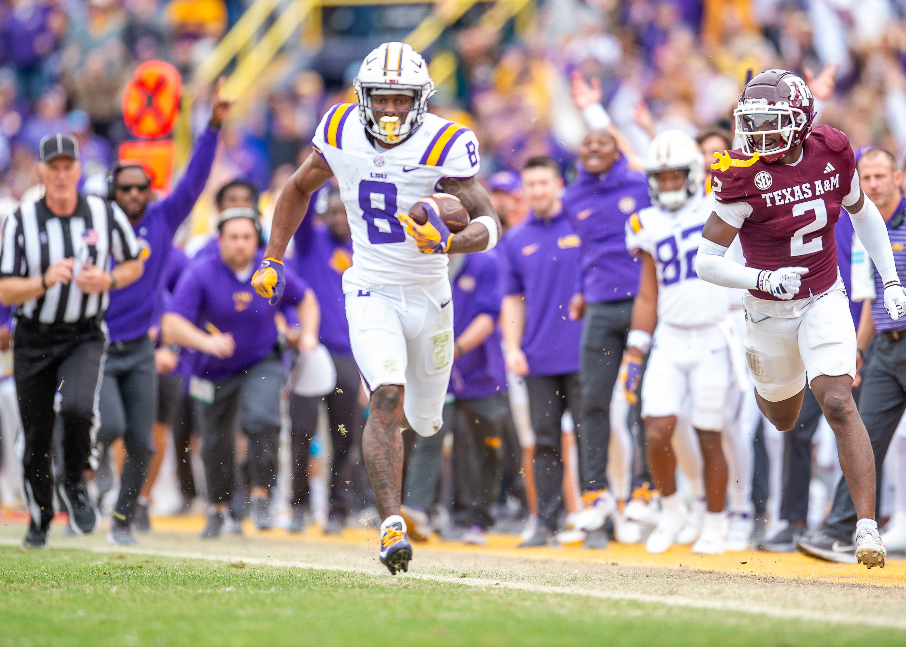 Malik Nabers 8 runs the ball as the LSU Tigers take on Texas A&M in Tiger Stadium in Baton Rouge, Louisiana, November 25, 2023.