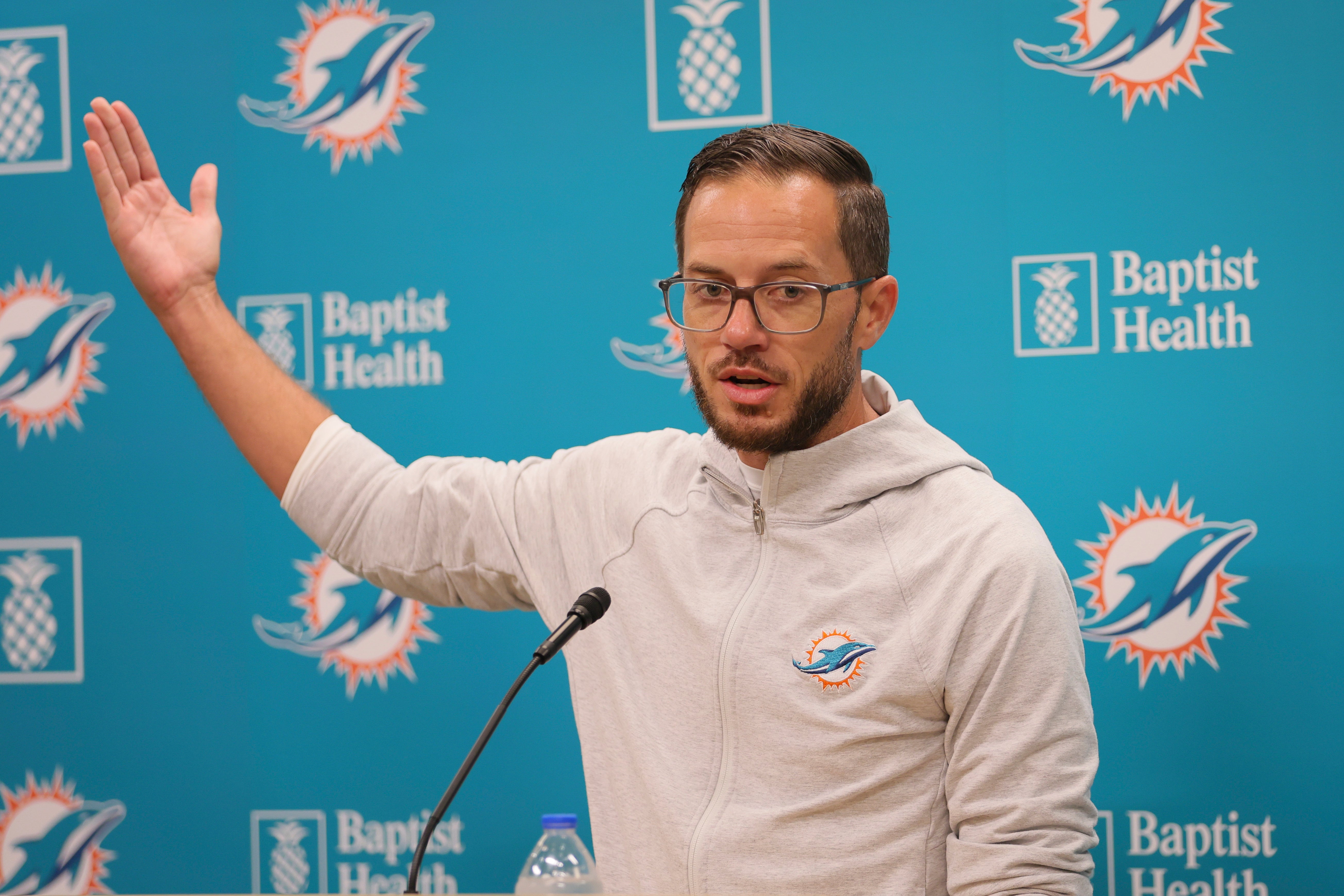 Jul 26, 2023; Miami Gardens, FL, USA; Miami Dolphins head coach Mike McDaniel talks to reporters at a press conference during training camp at Baptist Health Training Facility.