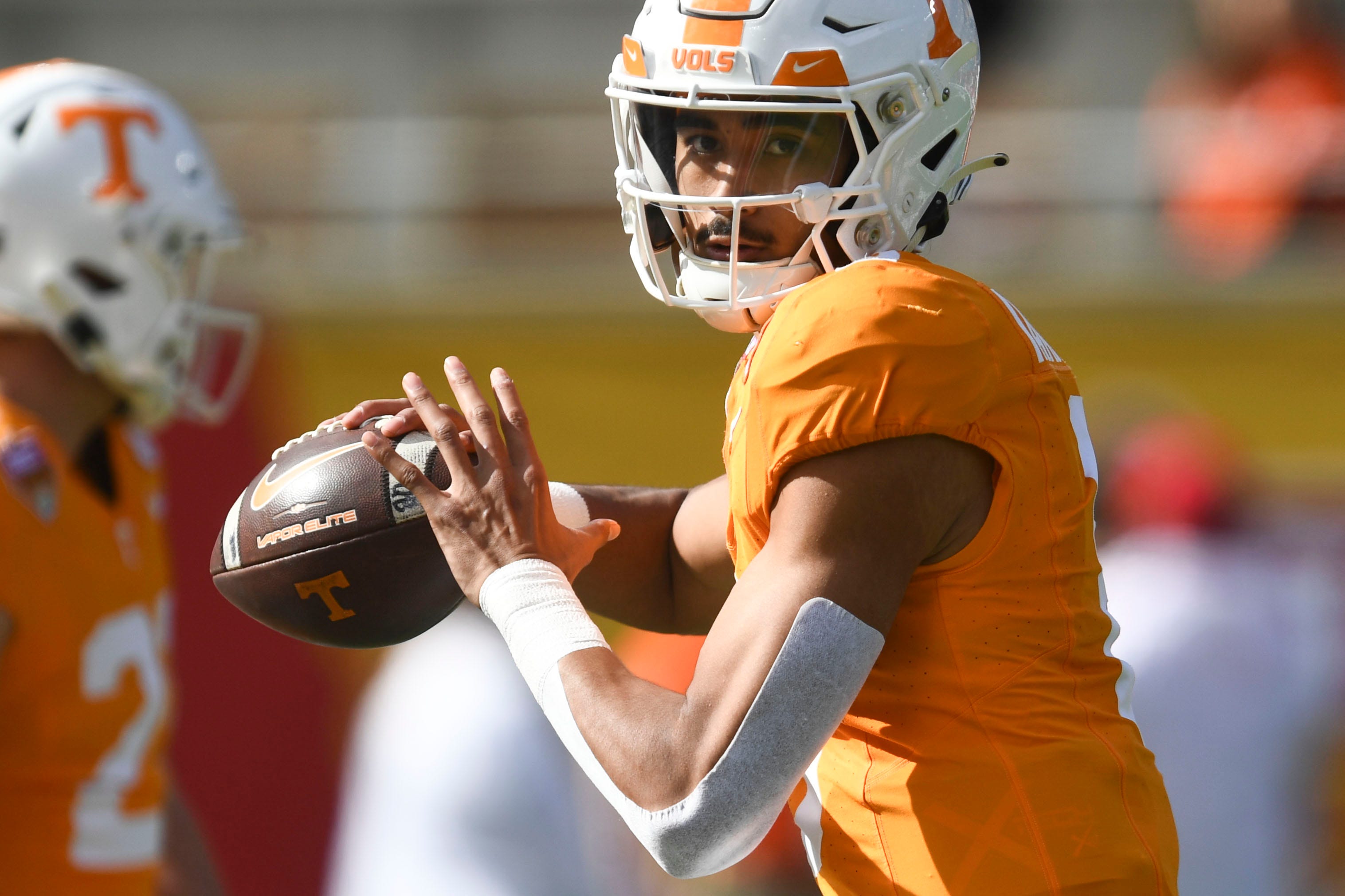 Tennessee quarterback Nico Iamaleava (8) warming up for the Citrus Bowl NCAA College football game on Monday, January 1, 2024 in Orlando, Fla.
