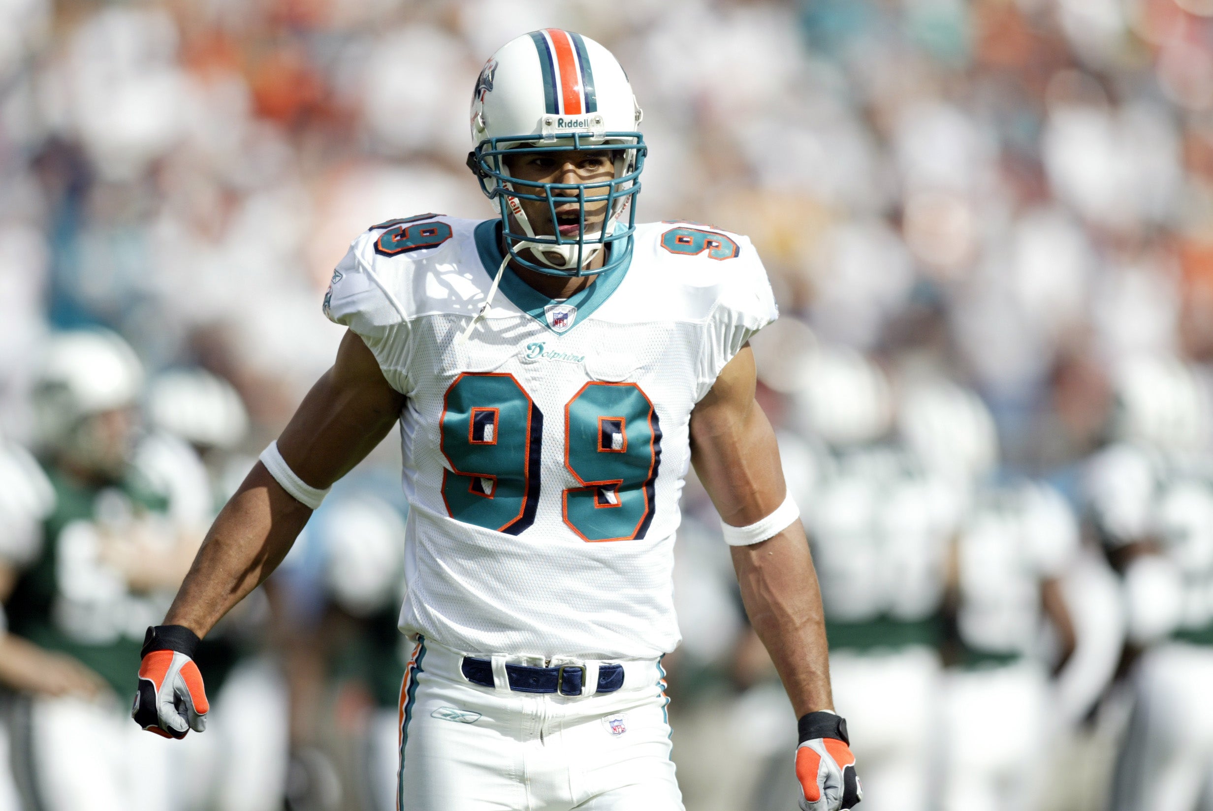 Dec 28, 2003; Miami, FL, USA; FILE PHOTO; Miami Dolphins defensive end (99) Jason Taylor in action against the New England Patriots at Pro Player Stadium.