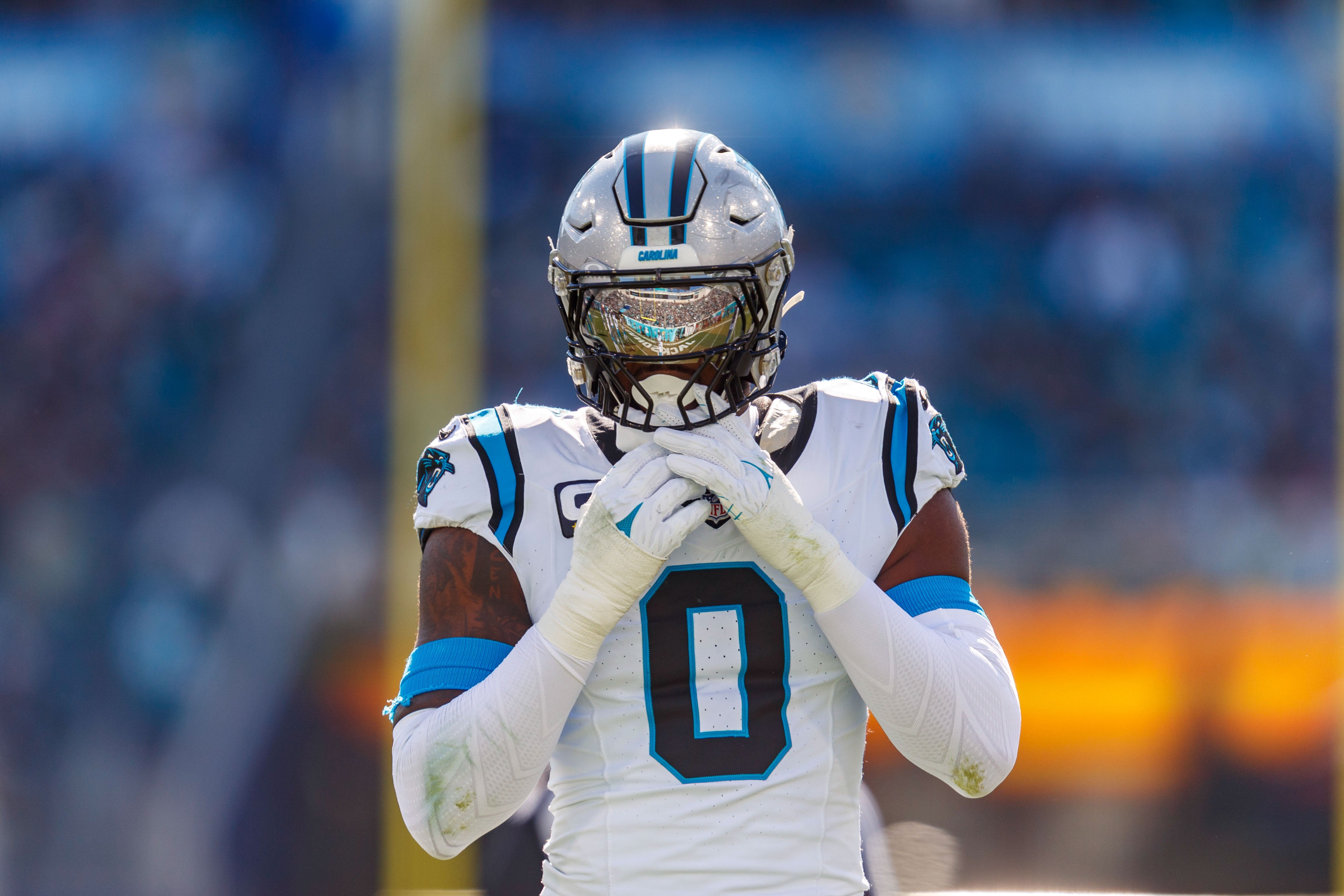 Dec 31, 2023; Jacksonville, Florida, USA; Carolina Panthers offensive linebacker Brian Burns (0) against the Carolina Panthers during the first quarter at EverBank Stadium.