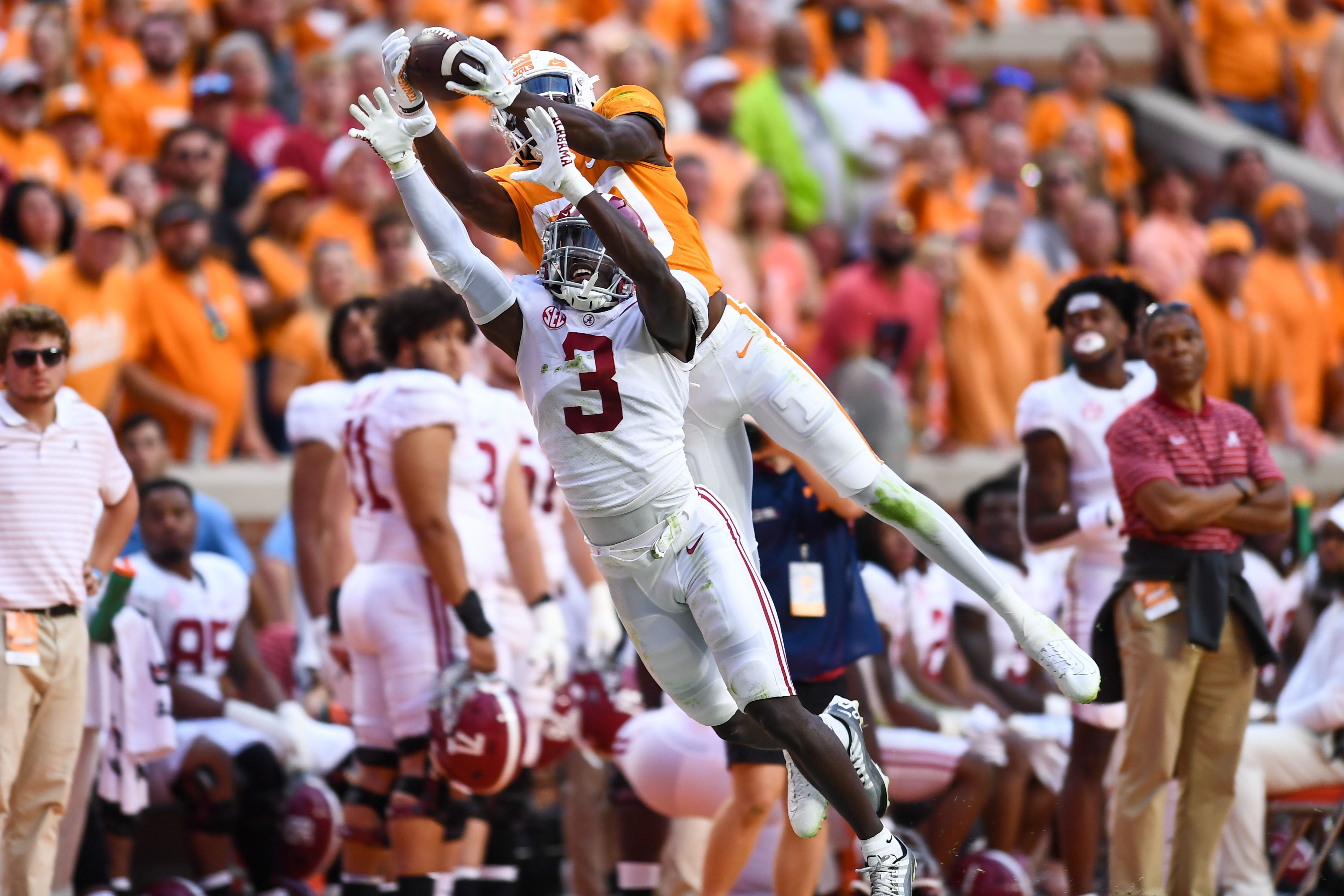 Tennessee wide receiver Ramel Keyton (80) catches a pass over Alabama defensive back Terrion Arnold (3) during a game between Tennessee and Alabama in Neyland Stadium