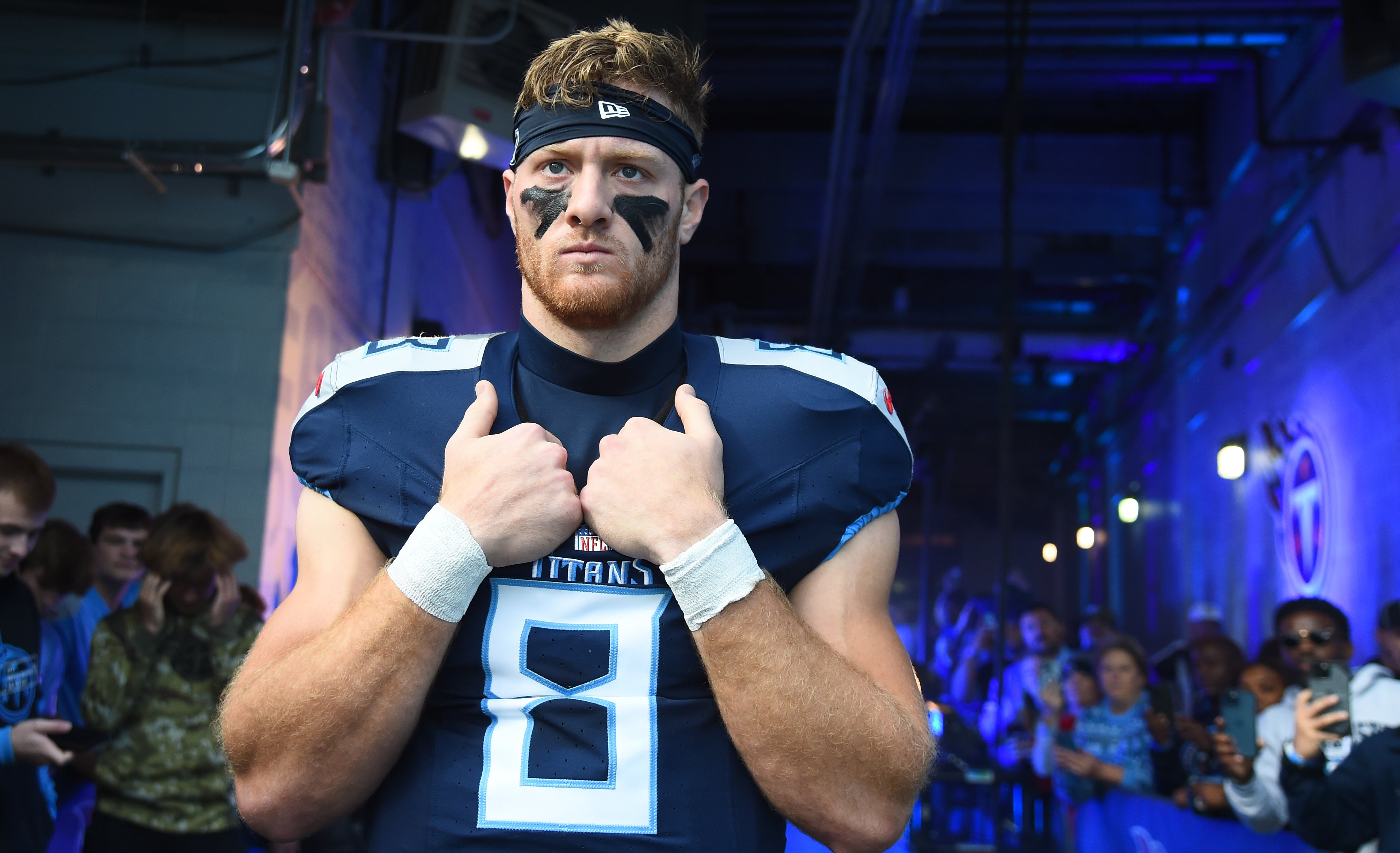Tennessee Titans quarterback Will Levis (8) waits to take the field before the game against the Indianapolis Colts at Nissan Stadium. Christopher Hanewinckel-USA TODAY Sports