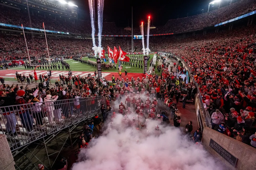 Ohio State Buckeyes enter the field during the NCAA football game against Michigan State University at Ohio Stadium 