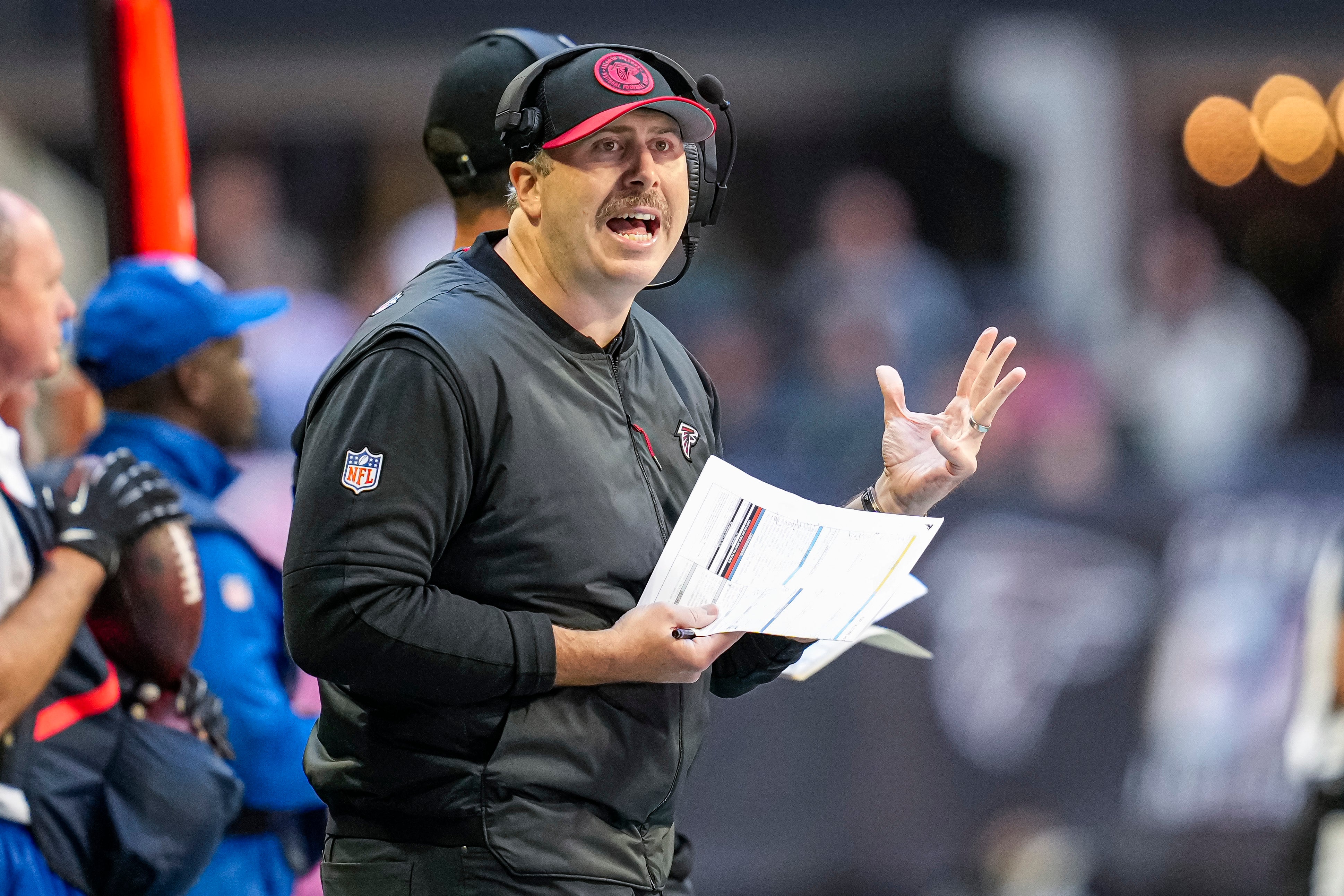 Oct 8, 2023; Atlanta, Georgia, USA; Atlanta Falcons head coach Arthur Smith on the sidelines against the Houston Texans at Mercedes-Benz Stadium. Mandatory Credit: Dale Zanine-USA TODAY Sports  