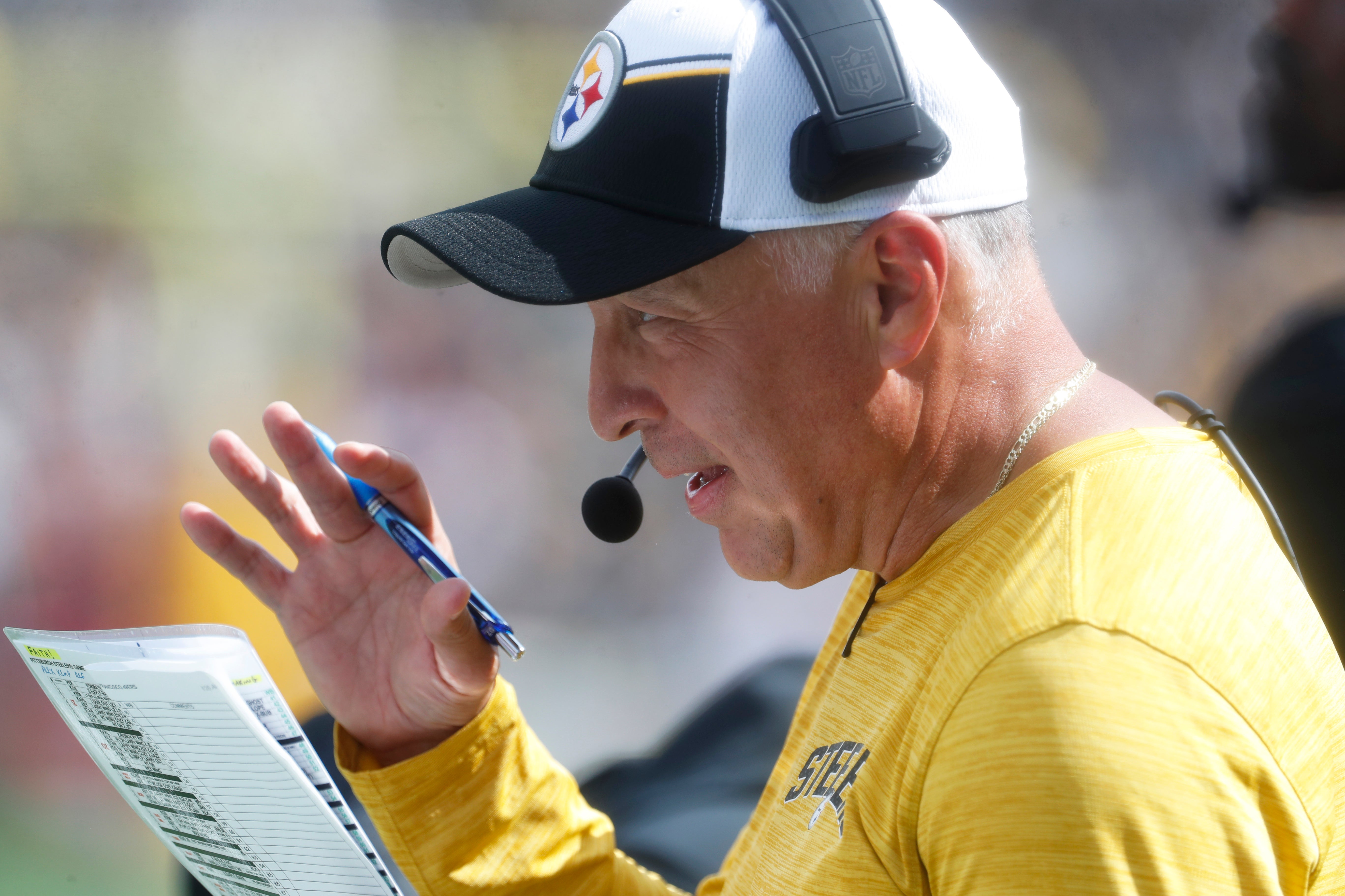 Sep 10, 2023; Pittsburgh, Pennsylvania, USA; Pittsburgh Steelers quarterbacks coach Mike Sullivan reacts on the sidelines against the San Francisco 49ers during the third quarter at Acrisure Stadium. San Francisco won 30-7. Mandatory Credit: Charles LeClaire-USA TODAY Sports