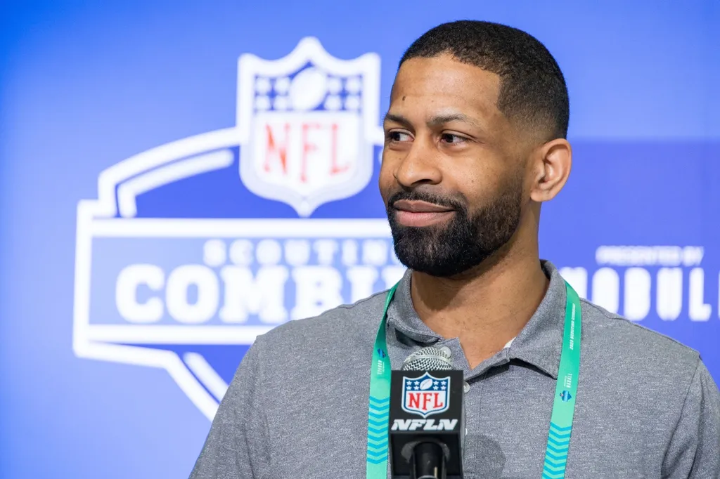 Cleveland Browns general manager Andrew Berry speaks to the press at the NFL Combine at Lucas Oil Stadium.