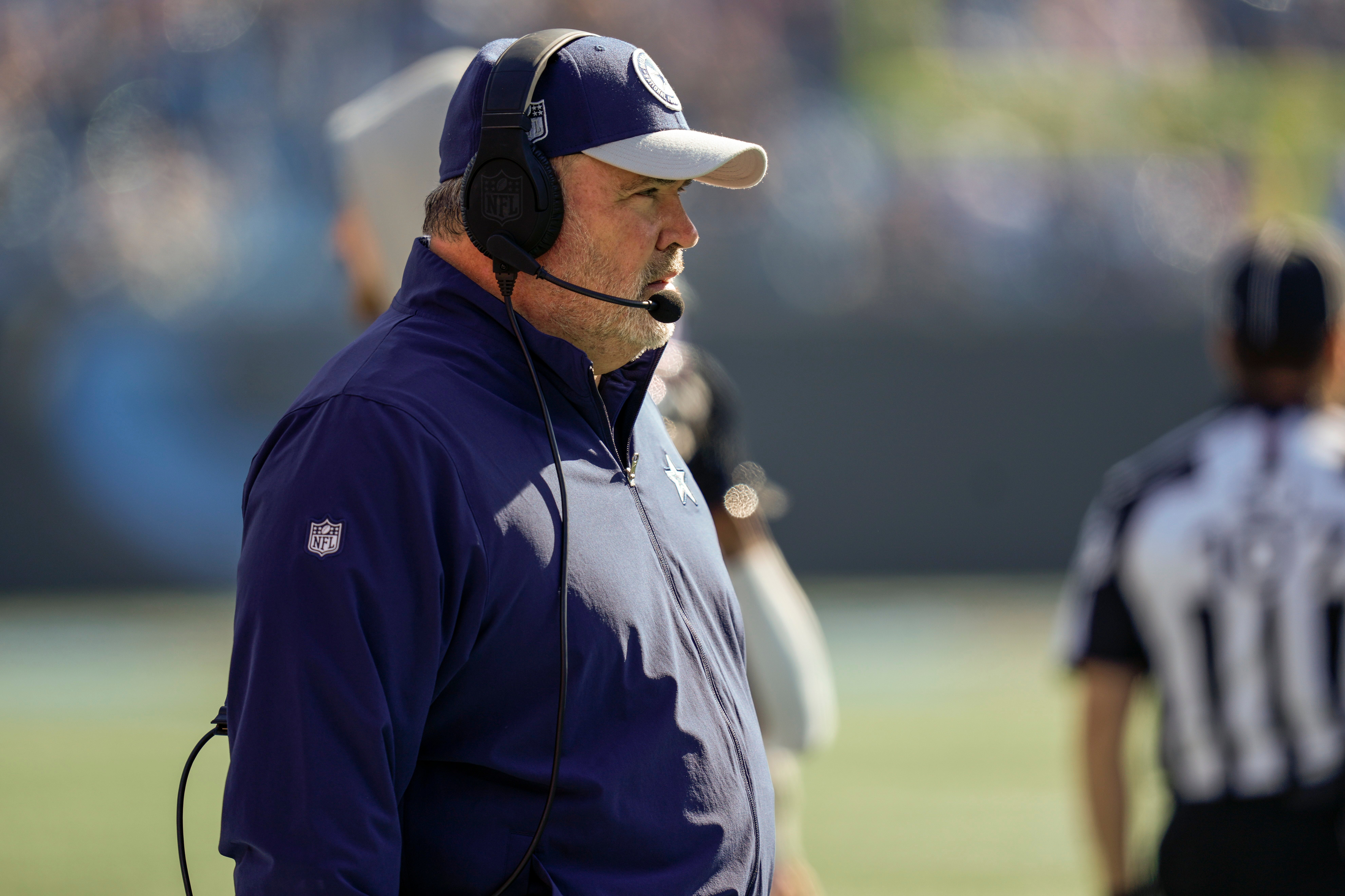Dallas Cowboys Coach Mike McCarthy during the first quarter against the Carolina Panthers at Bank of America Stadium.