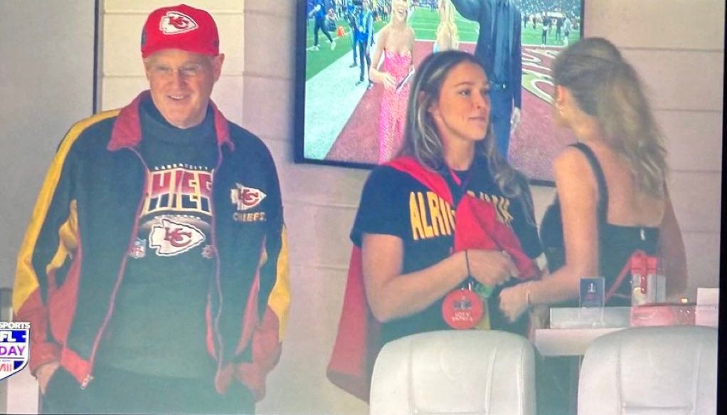 Scott Swift, Kyle Kelcie and Taylor Swift at Super Bowl LVIII in Las Vegas.