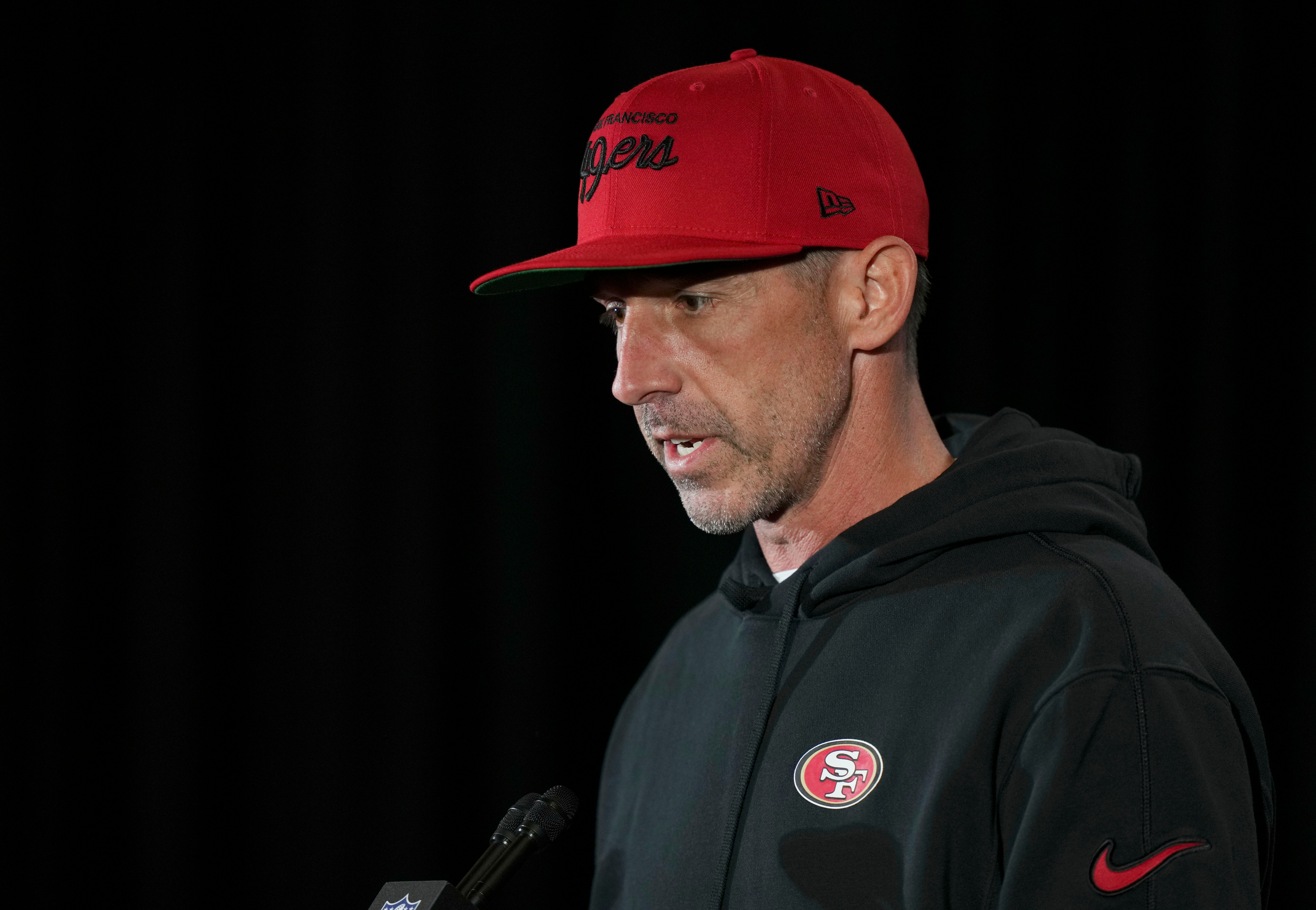 Feb 7, 2024; Las Vegas, NV, USA; San Francisco 49ers head coach Kyle Shanahan speaks during a press conference before Super Bowl LVIII at Hilton Lake Las Vegas Resort and Spa.