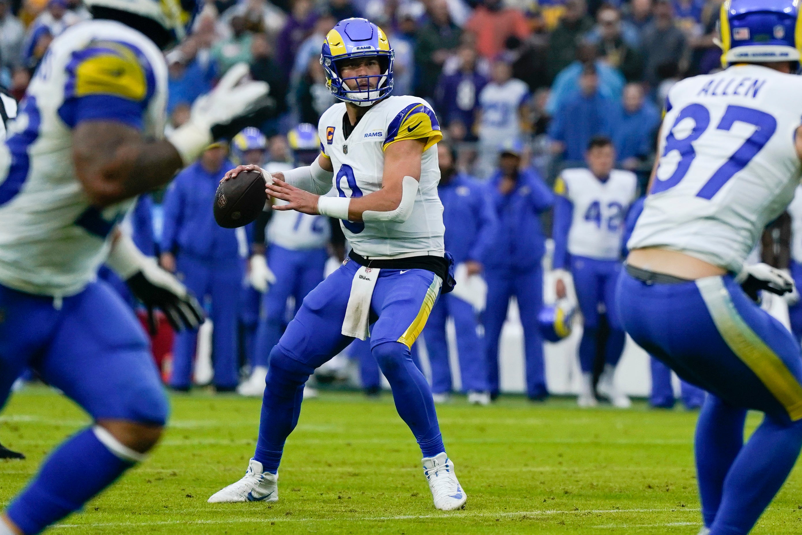 Dec 10, 2023; Baltimore, Maryland, USA; Los Angeles Rams quarterback Matthew Stafford (9) passes against the Baltimore Ravens during the second quarter at M&T Bank Stadium. Mandatory Credit: Jessica Rapfogel-USA TODAY Sports