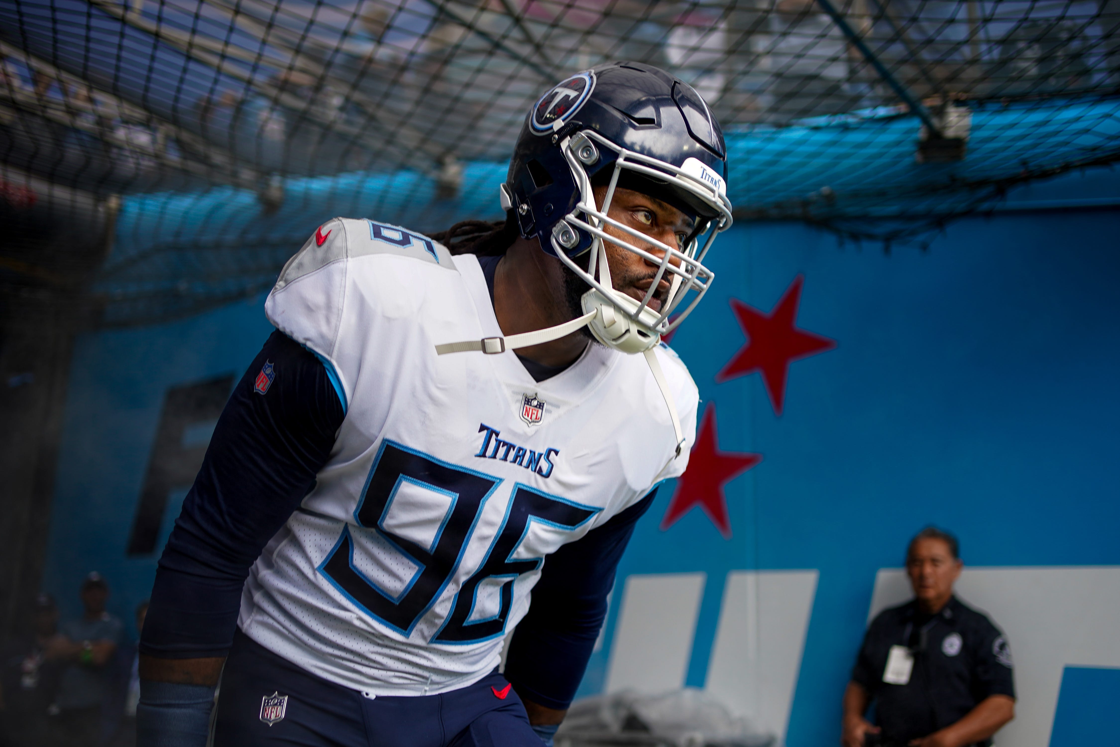 Tennessee Titans defensive end Denico Autry (96) heads to the field before a game against the Los Angeles Chargers at Nissan Stadium in Nashville, Tenn., Sunday, Sept. 17, 2023 Andrew Nelles / The Tennessean-USA TODAY NETWORK