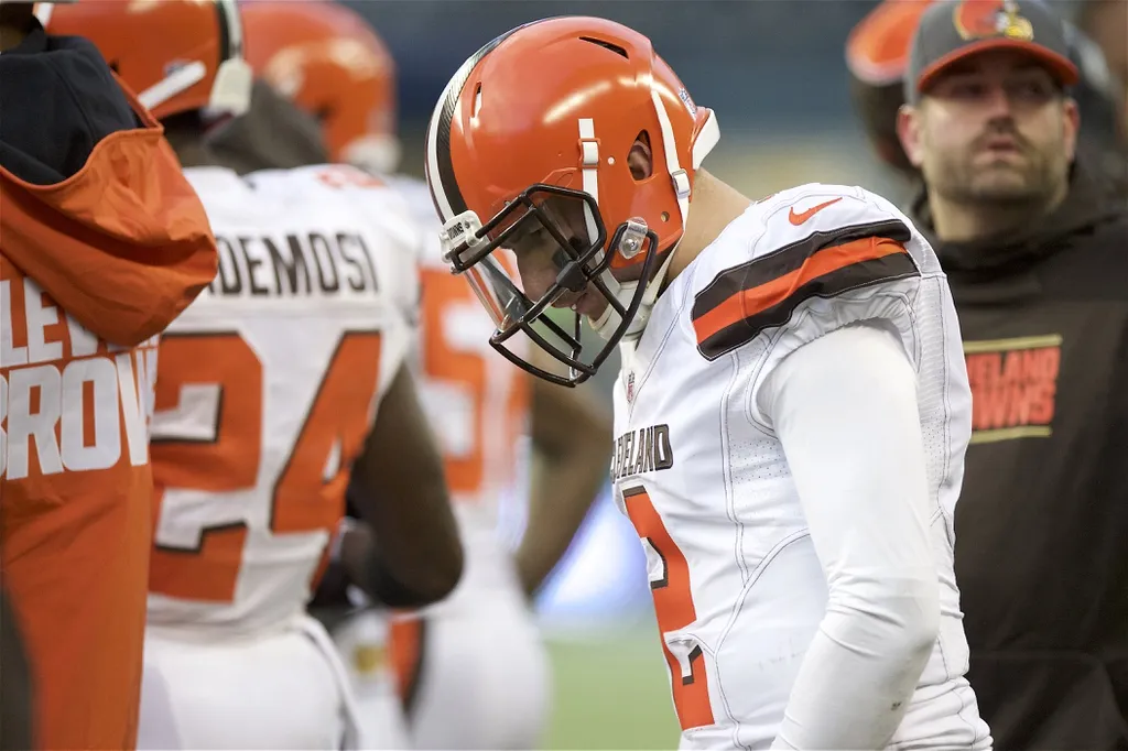 Cleveland Browns quarterback Johnny Manziel (2) walks along the sidelines after throwing an interception late in the fourth quarter in a game againt the Seattle Seahawks at CenturyLink Field.