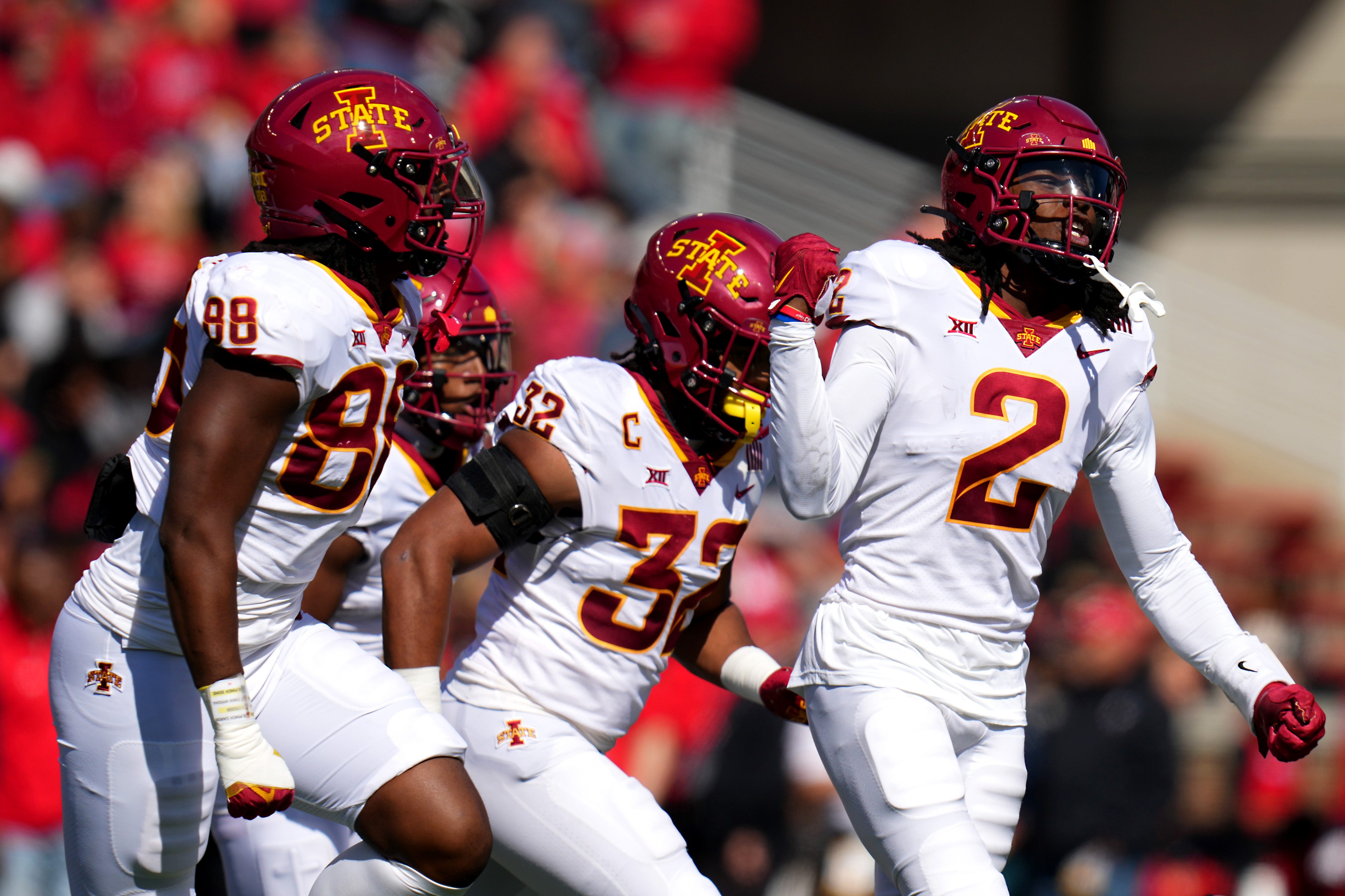 Iowa State Cyclones defensive back T.J. Tampa (2) celebrates an interception in the first quarter during a college football game between the Iowa State Cyclones and the Cincinnati Bearcats Saturday, Oct. 14, 2023, at Nippert Stadium win Cincinnati.