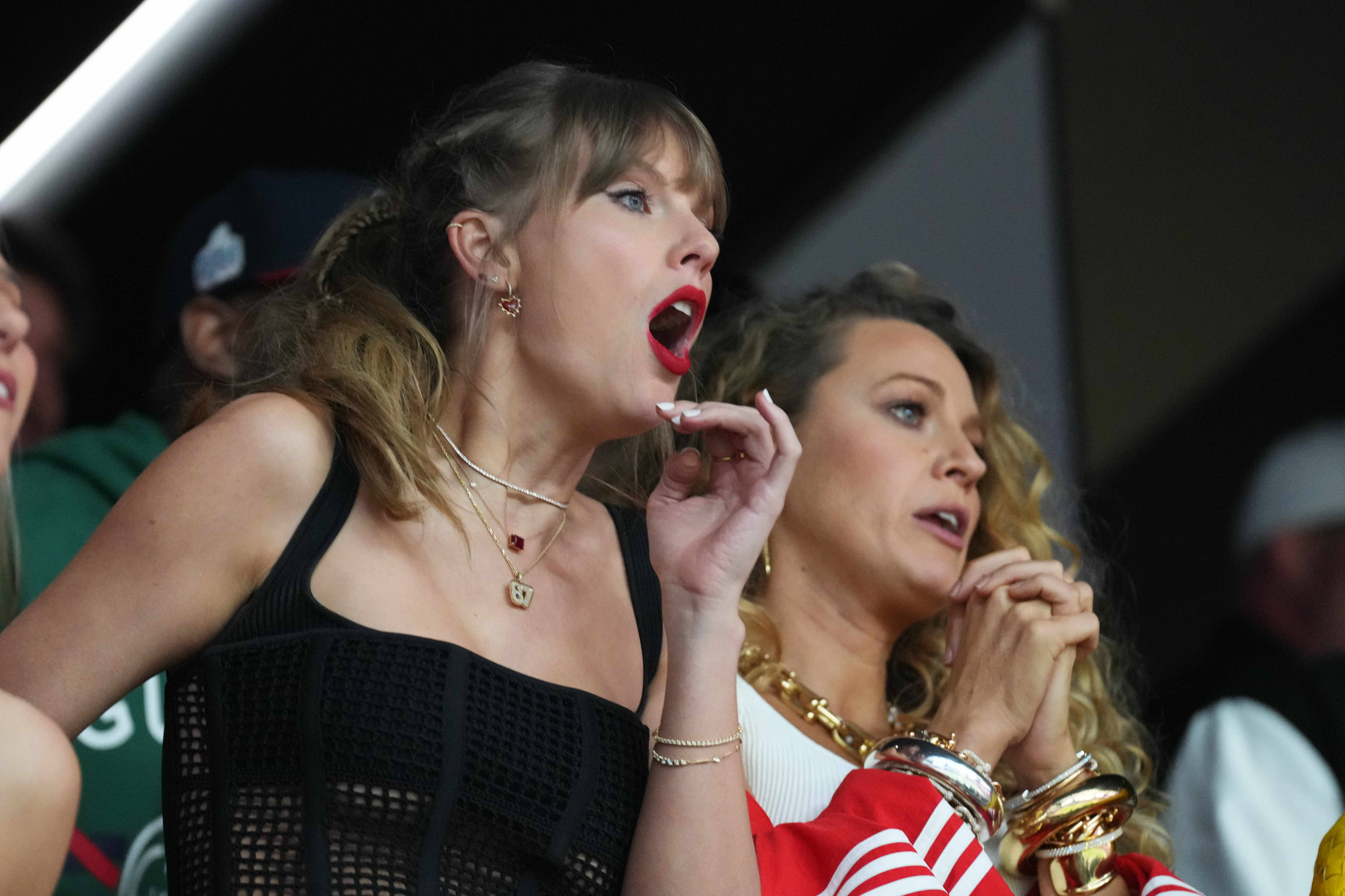 Feb 11, 2024; Paradise, Nevada, USA; Recording artist Taylor Swift reacts during the first quarter of Super Bowl LVIII between Kansas City Chiefs and San Francisco 49ers at Allegiant Stadium. 