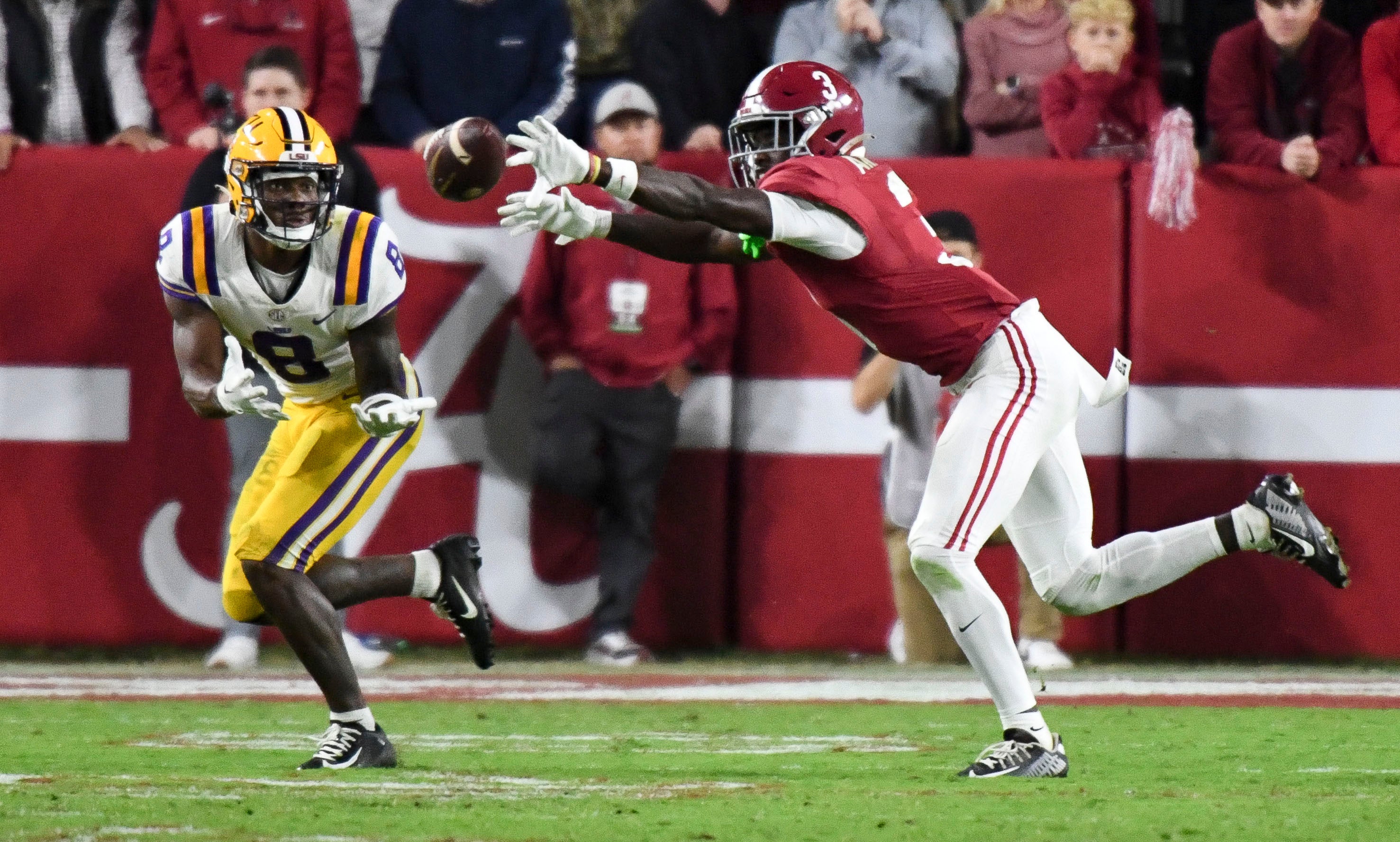 Nov 4, 2023; Tuscaloosa, Alabama, USA; Alabama Crimson Tide defensive back Terrion Arnold (3) breaks up a pass intended for LSU Tigers wide receiver Malik Nabers (8) at Bryant-Denny Stadium. Alabama defeated LSU 42-28.