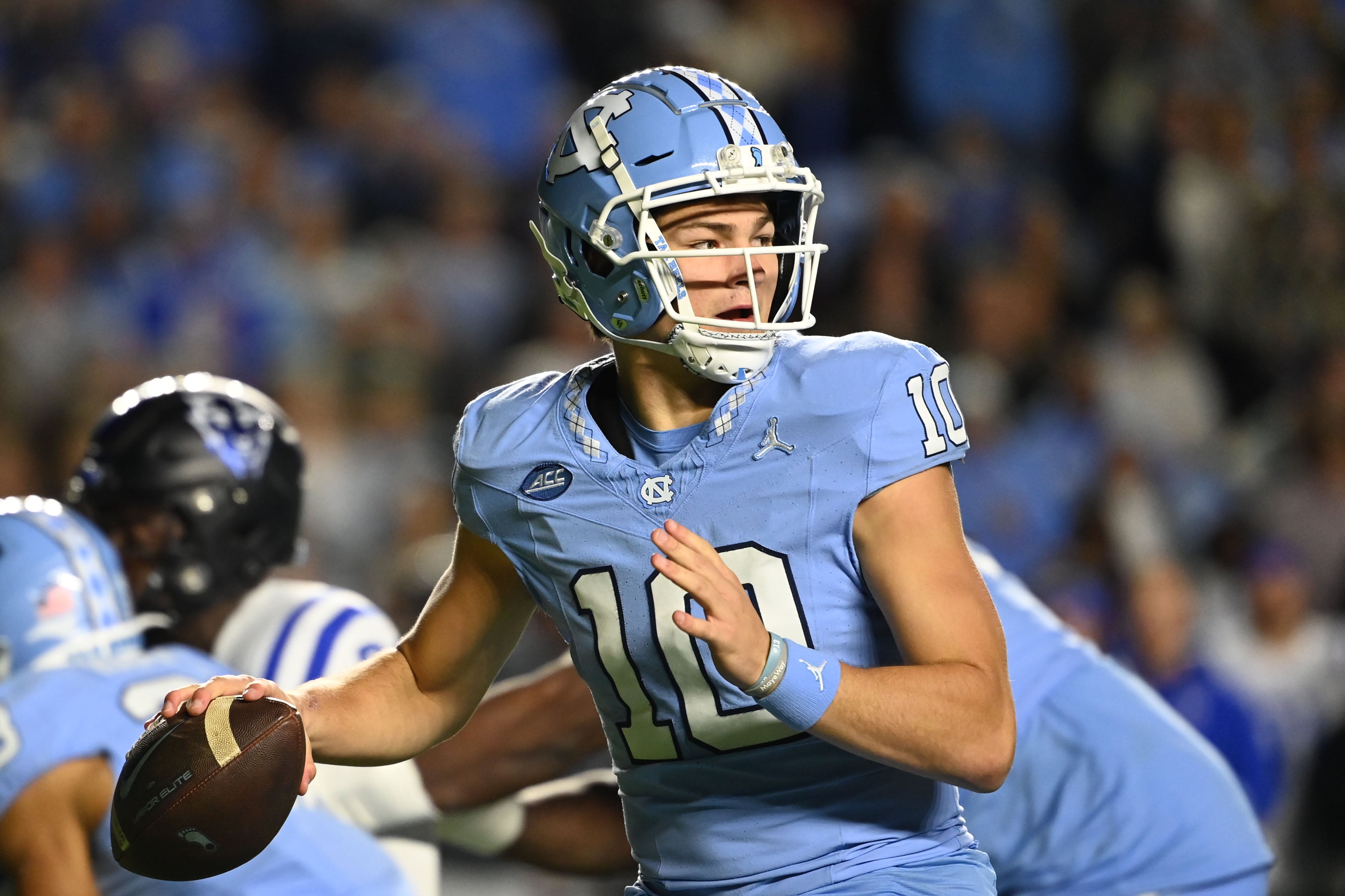 Nov 11, 2023; Chapel Hill, North Carolina, USA; North Carolina Tar Heels quarterback Drake Maye (10) looks to pass in the first quarter at Kenan Memorial Stadium.
