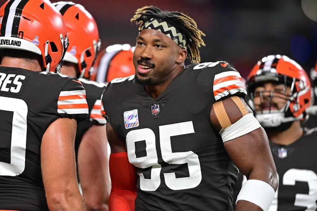 Cleveland Browns defensive end Myles Garrett (95) smiles before the game against the Cincinnati Bengals at FirstEnergy Stadium.